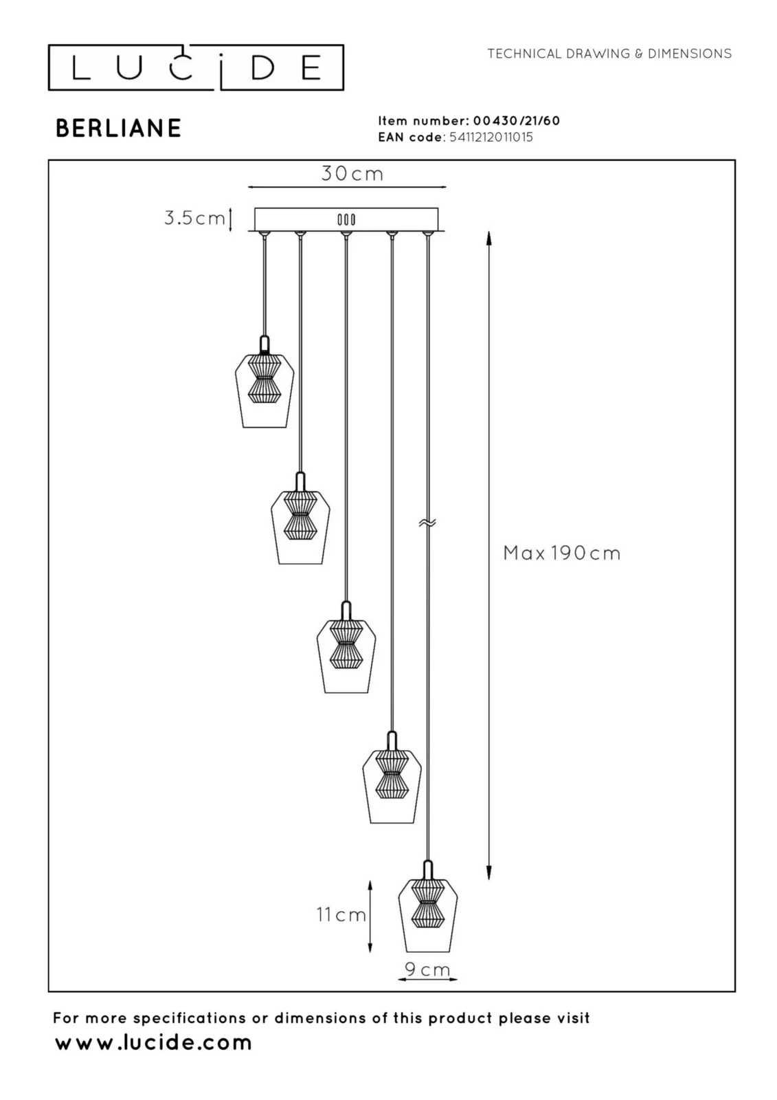 Lucide BERLIANE - Zu00e1vesnu00e9 svetlo - u00d8 34 cm - LED tlmenu00e9 - 5x4W 2700K - S vymeniteu013enu00fdm LED modulom - Transparant | Essential