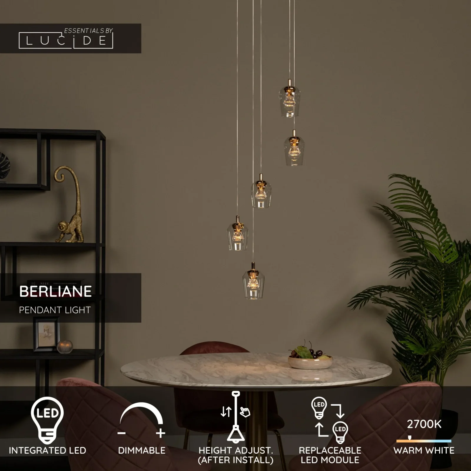 Lucide BERLIANE - Zu00e1vesnu00e9 svetlo - u00d8 34 cm - LED tlmenu00e9 - 5x4W 2700K - S vymeniteu013enu00fdm LED modulom - Transparant | Essential
