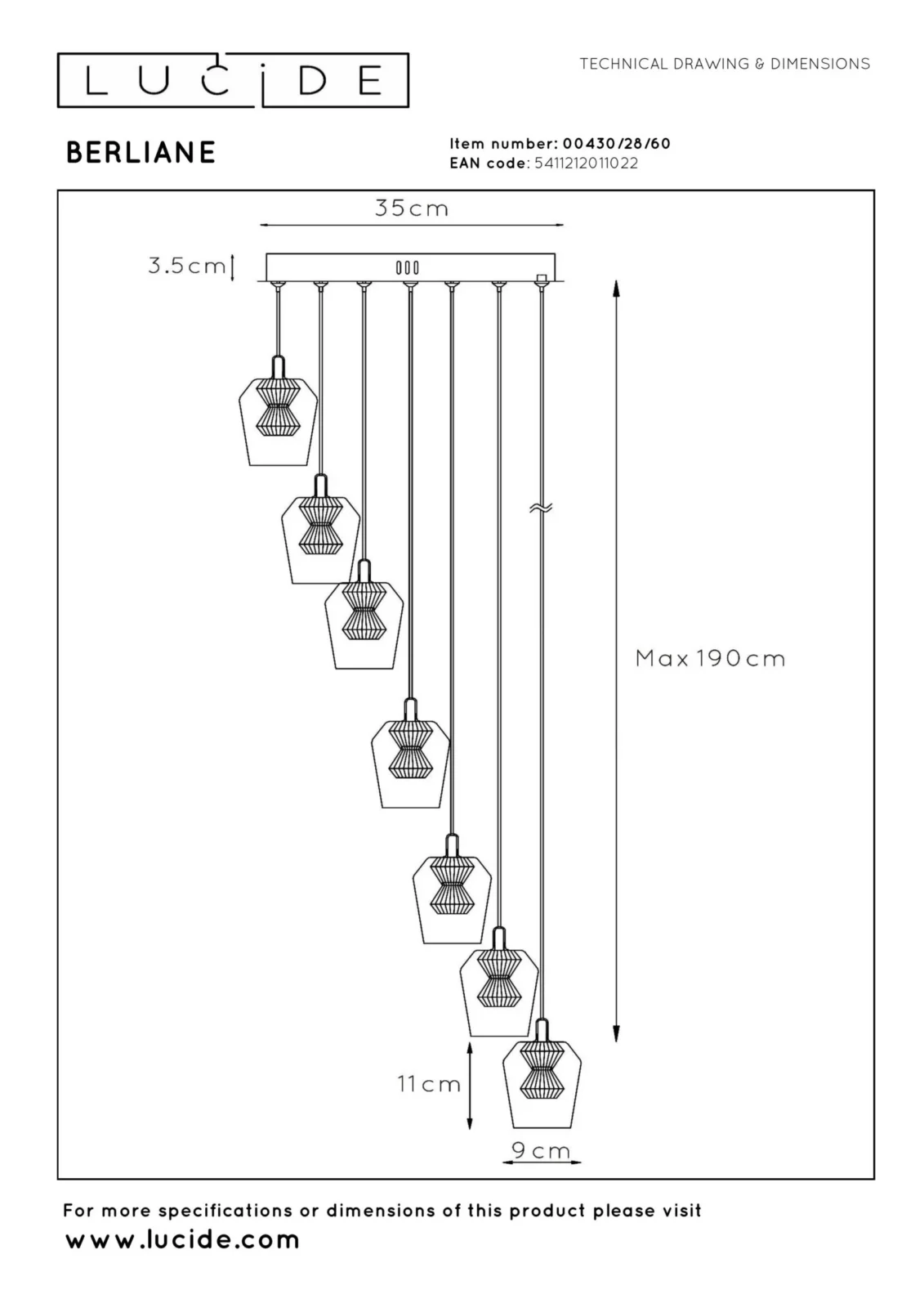Lucide BERLIANE - zu00e1vesnu00e9 svetlo - u00d8 39 cm - LED tlmenu00e9 - 7x4W 2700K - s vymeniteu013enu00fdm LED modulom - Transparant | Essential
