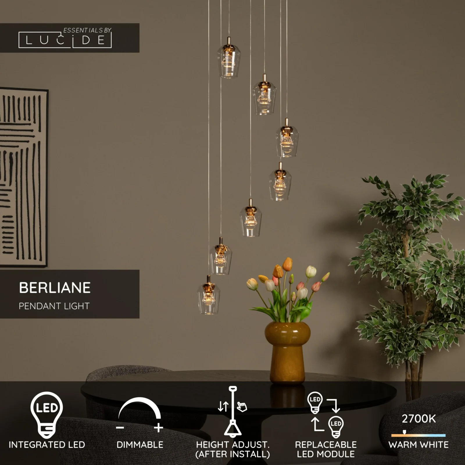 Lucide BERLIANE - zu00e1vesnu00e9 svetlo - u00d8 39 cm - LED tlmenu00e9 - 7x4W 2700K - s vymeniteu013enu00fdm LED modulom - Transparant | Essential