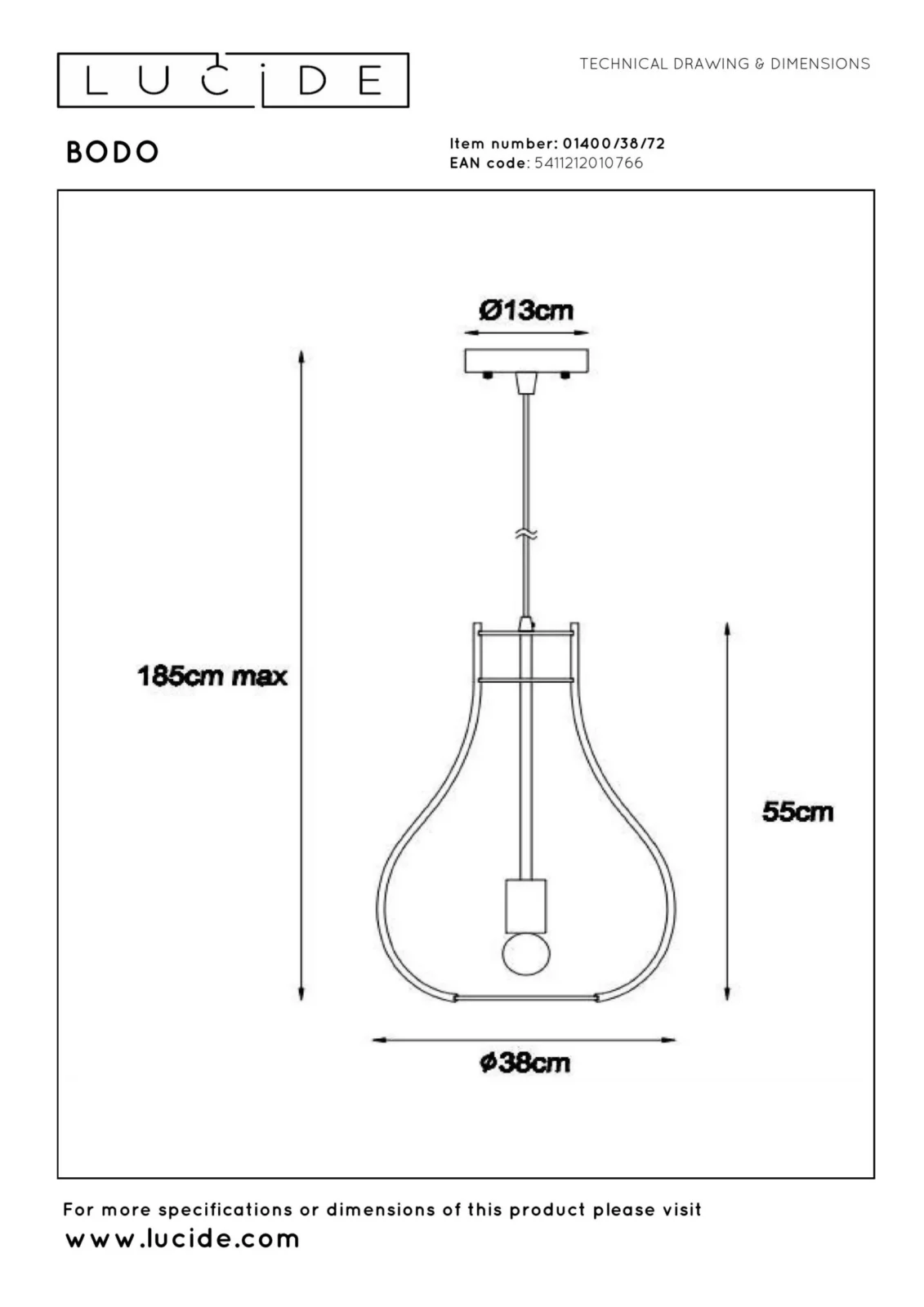 Lucide BODO - Zu00e1vesnu00e9 svetlo - u00d8 38 cm - 1xE27 - Svetlu00fd drevenu00fd vzhu013ead