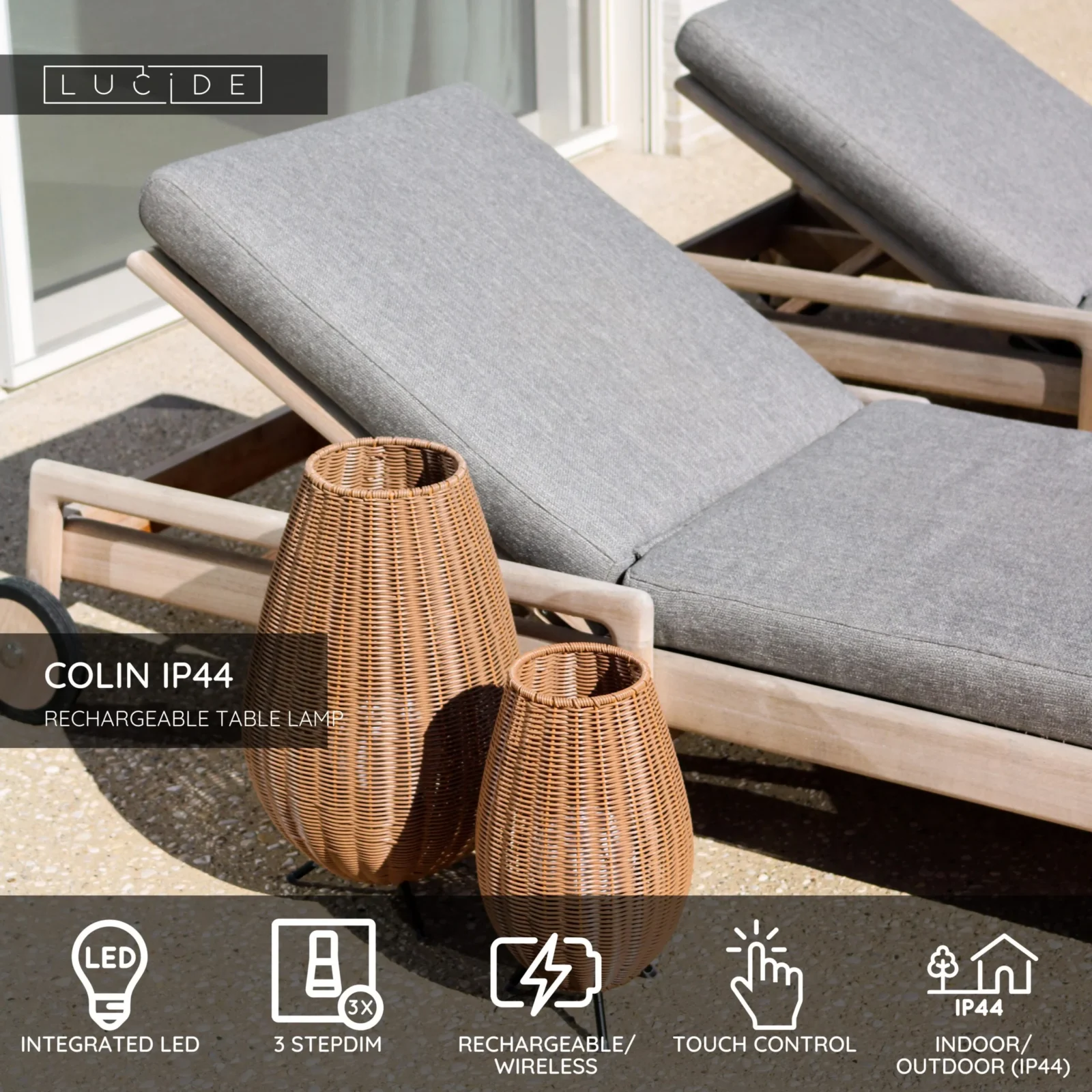 Lucide COLIN IP44 - Nabu00edjateu013enu00e1 stolnu00e1 lampa vnu00fatornu00e1/vonkaju0161ia - batu00e9riovu00fd balu00edk - LED 3 StepDim - 1x3W 3000K - IP44 - Natural