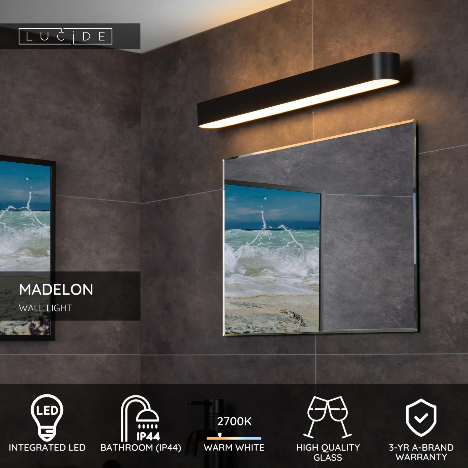 Lucide MADELON - Nu00e1stennu00e9 svetlo Ku00fapeu013eu0148a - LED - 1x9W 2700K - IP44 - u010dierna