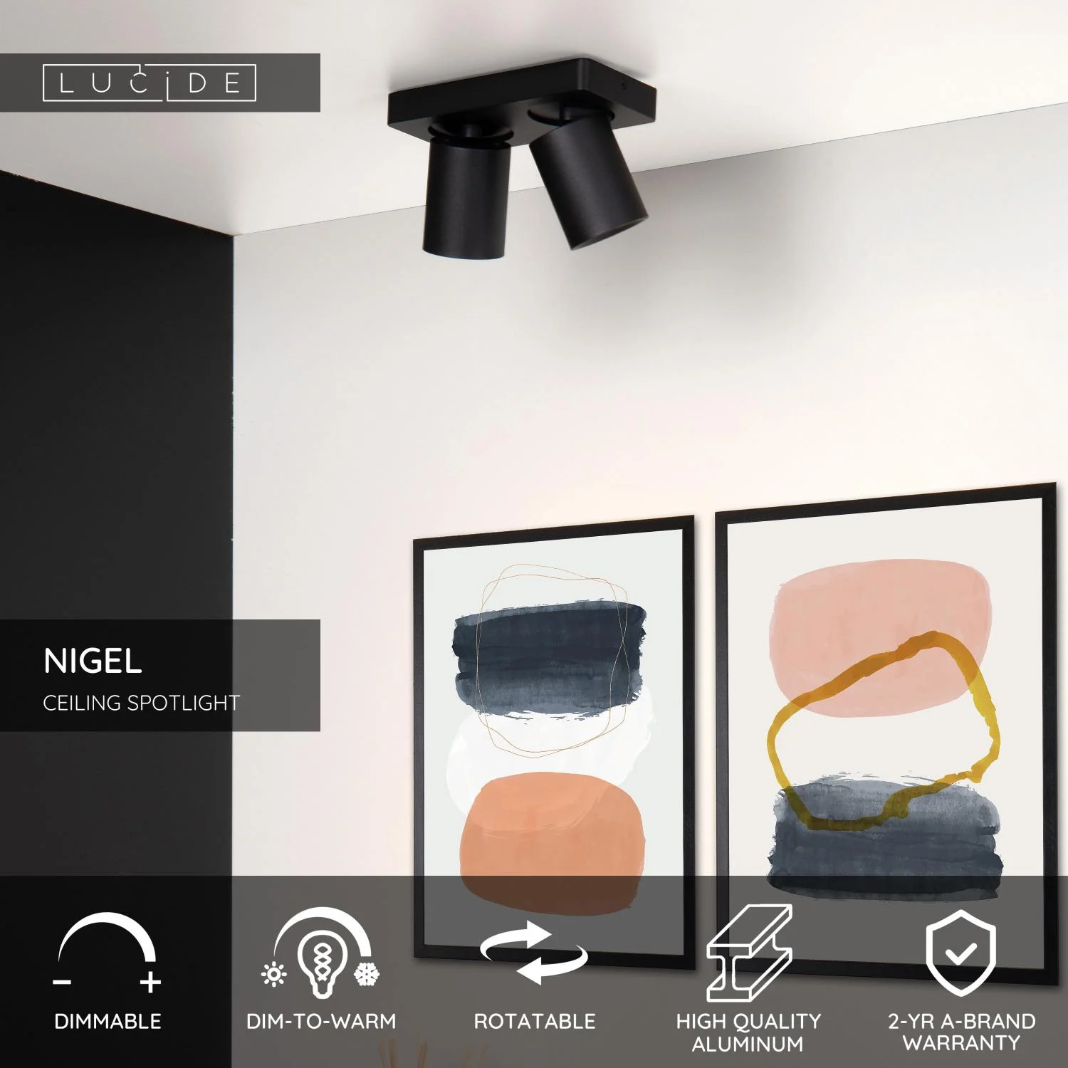 Lucide NIGEL - Stropnu00e9 reflektory - LED Stmievanu00e9 po teplu00e9 - GU10 - 2x5W 2200K/3000K - u010dierne
