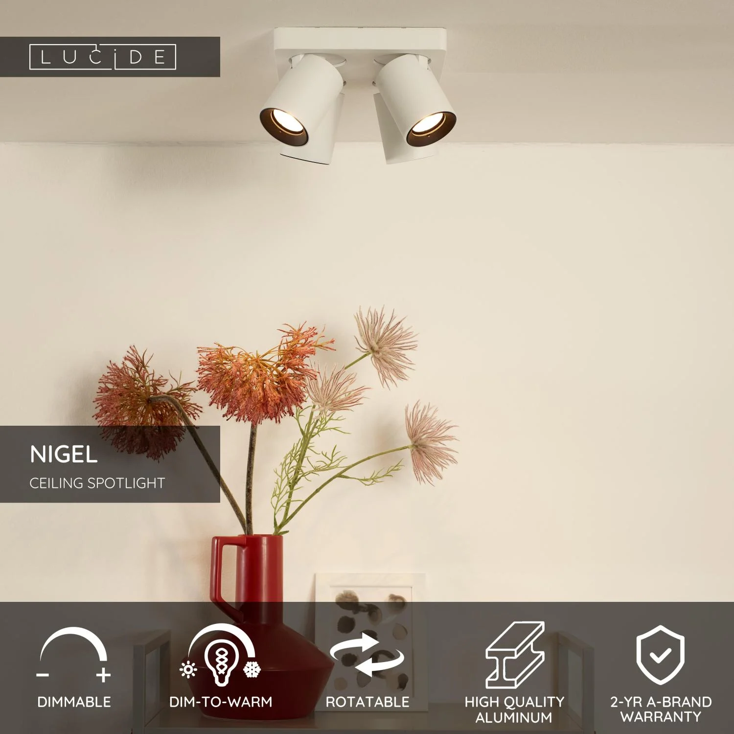 Lucide NIGEL - Stropnu00e9 reflektory - LED Slabu00e9 po teplu00e9 - GU10 - 4x5W 2200K/3000K - biela