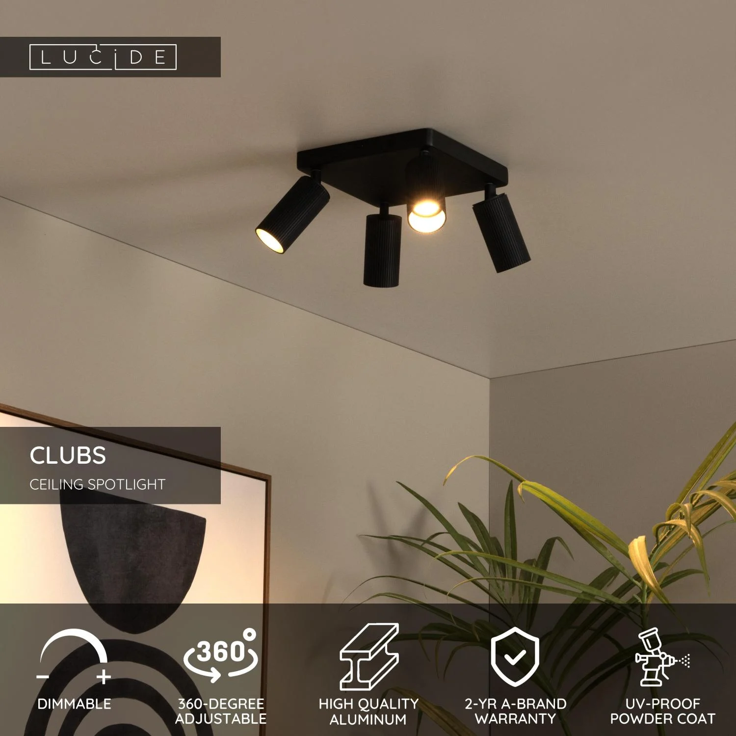 Lucide CLUBS - Stropnu00e9 reflektory - 4xGU10 - u010cierne