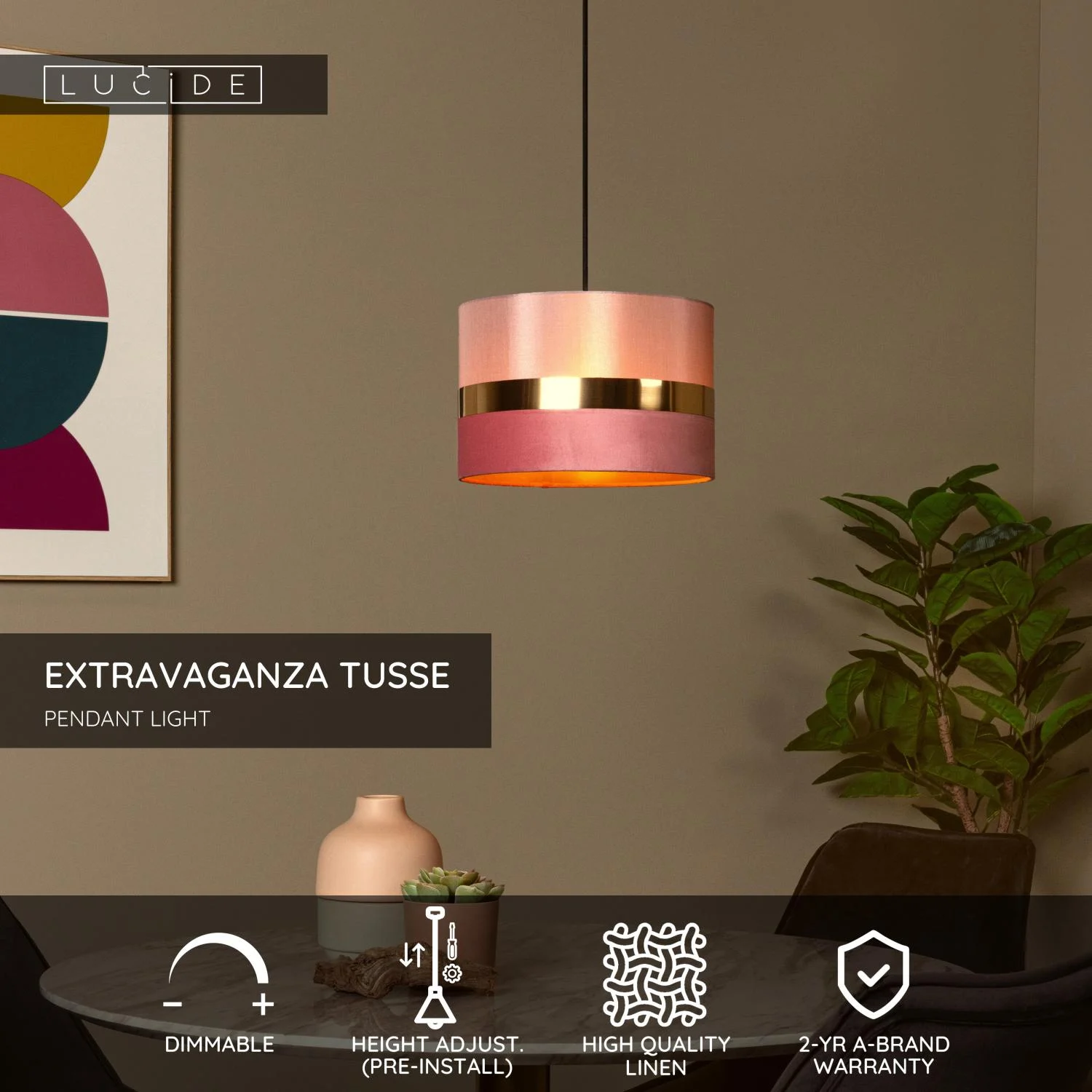 Lucide EXTRAVAGANZA TUSSE - Zu00e1vesnu00e9 svietidlo - u00d8 30 cm - 1xE27 - ruu017eovu00e9