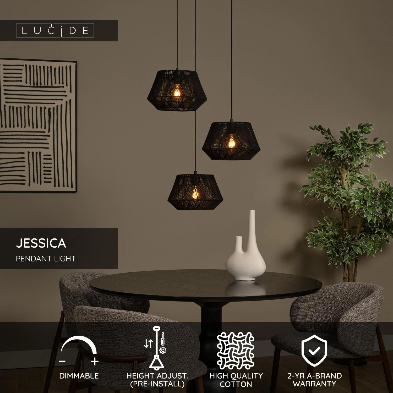 Lucide JESSICA - Zu00e1vesnu00e9 svietidlo - u00d8 35,5 cm - 3xE27 - u010cierna
