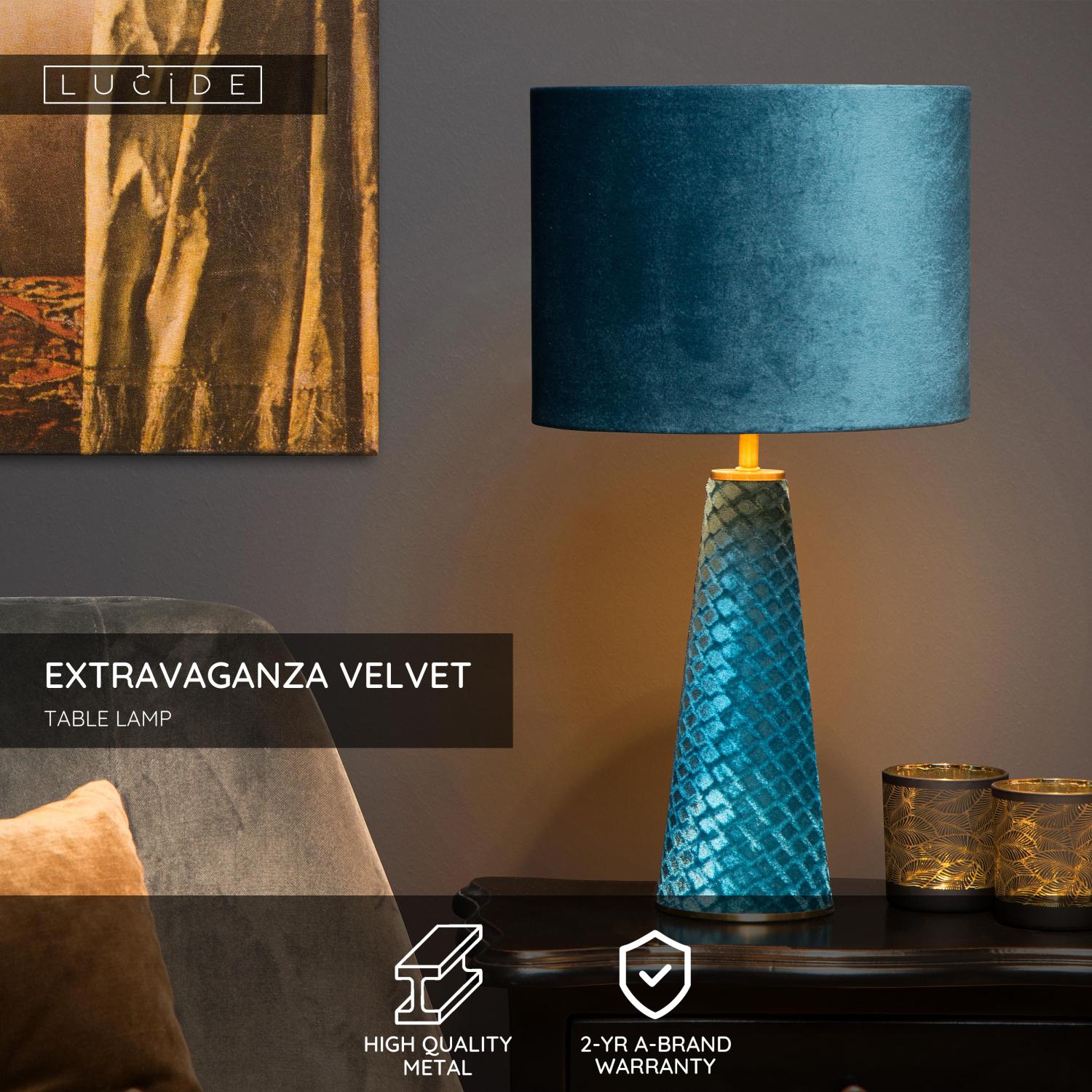 Lucide EXTRAVAGANZA VELVET - Stolnu00e1 lampa - u00d8 25 cm - 1xE27 - tyrkysovu00e1