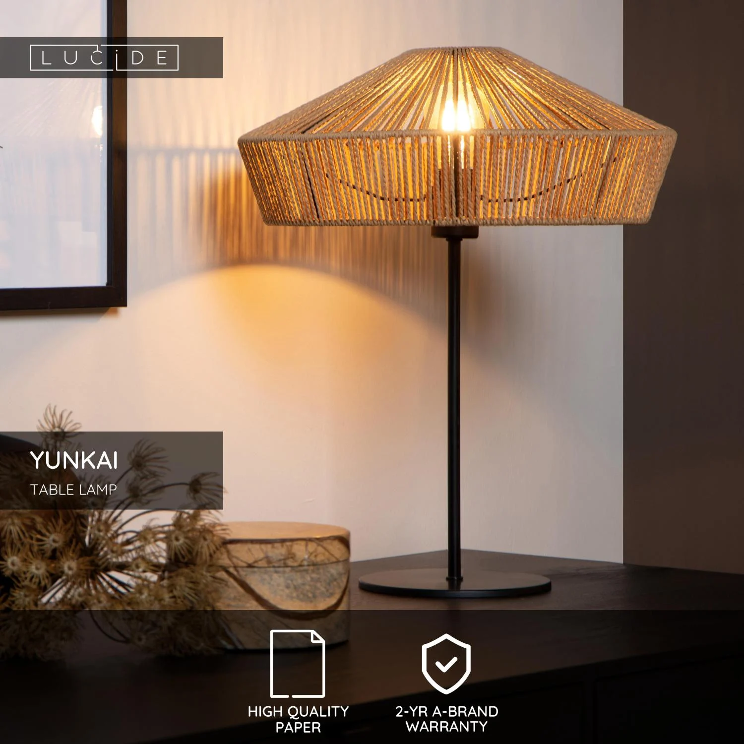 Lucide YUNKAI - Stolnu00e1 lampa - u00d8 40 cm - 1xE27 - Natural