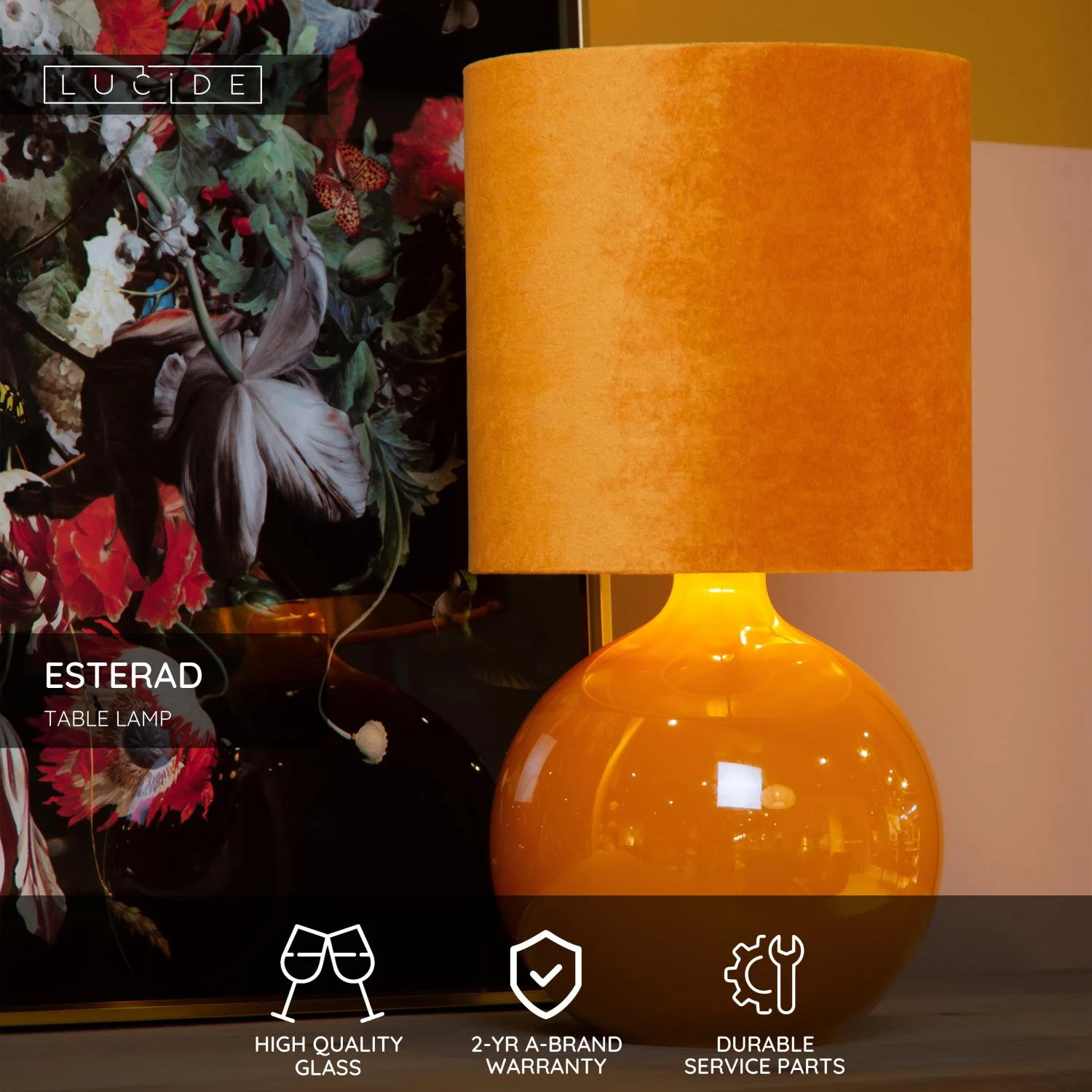 Lucide ESTERAD - Stolnu00e1 lampa - u00d8 24 cm - 1xE14 - Okrovu00e1 u017eltu00e1