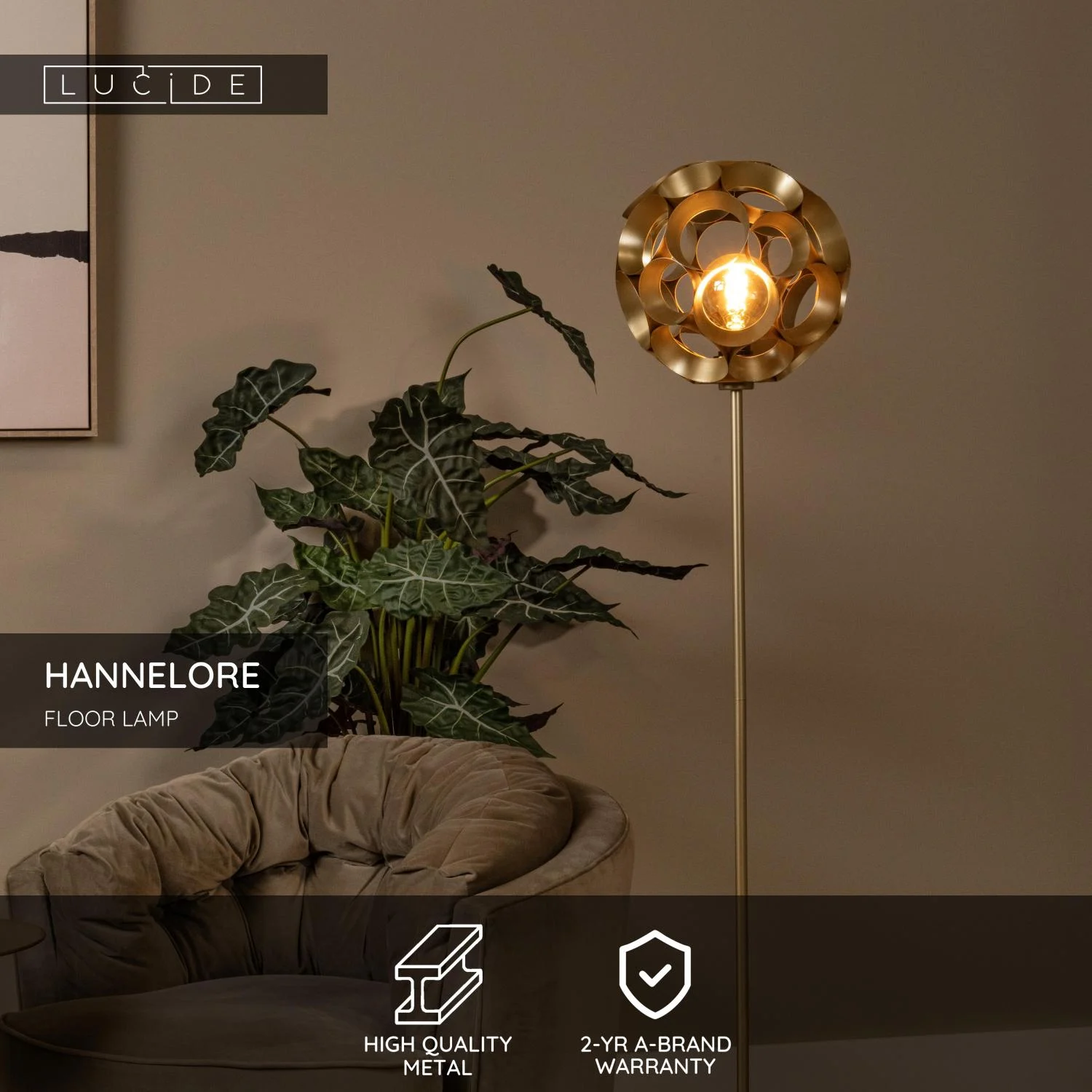 Lucide HANNELORE - Stojacia lampa - u00d8 30 cm - 1xE27 - Matt Gold / Mosadz
