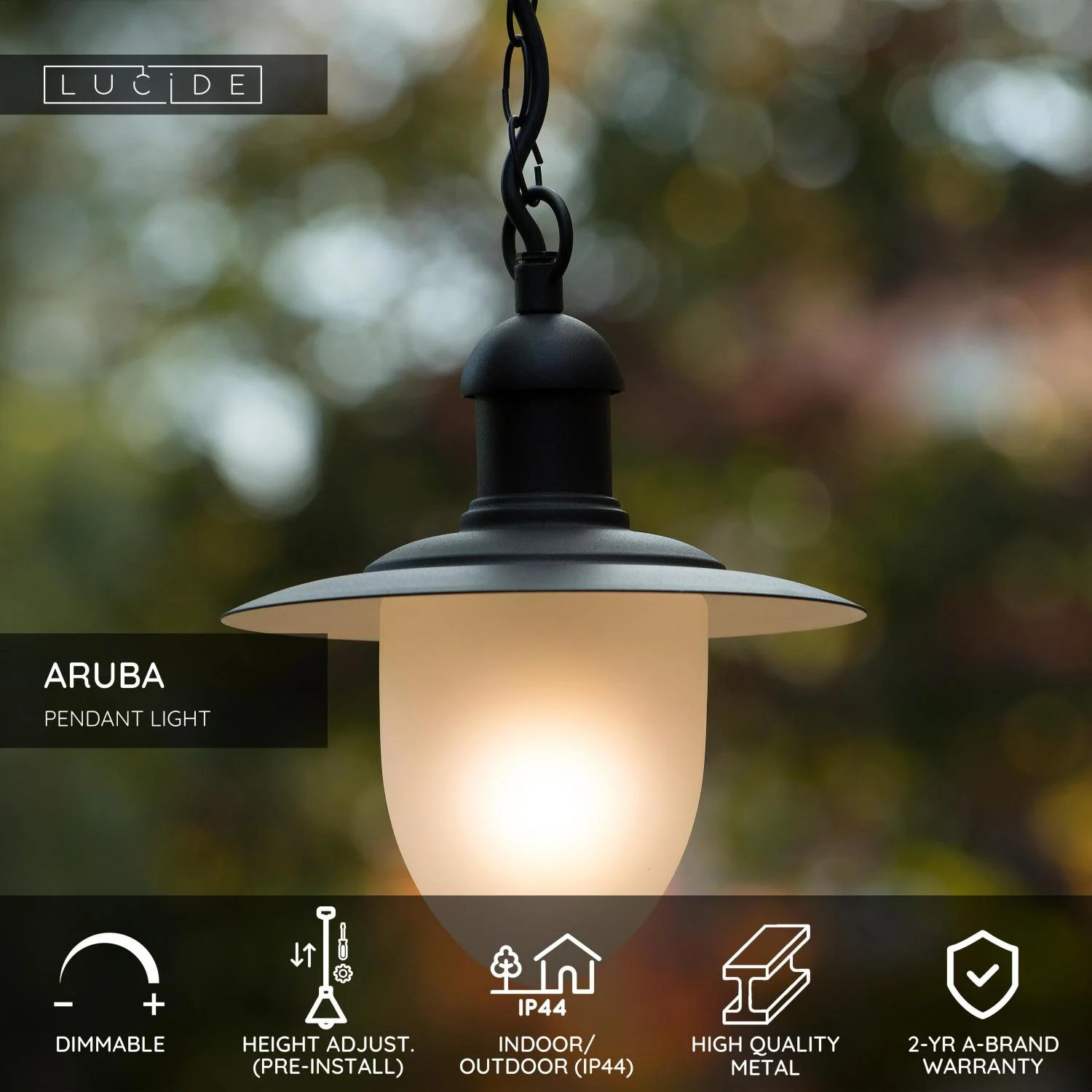 Lucide ARUBA - Zu00e1vesnu00e9 svetlo vnu00fatornu00e9/vonkaju0161ie - u00d8 25 cm - 1xE27 - IP44 - u010dierne