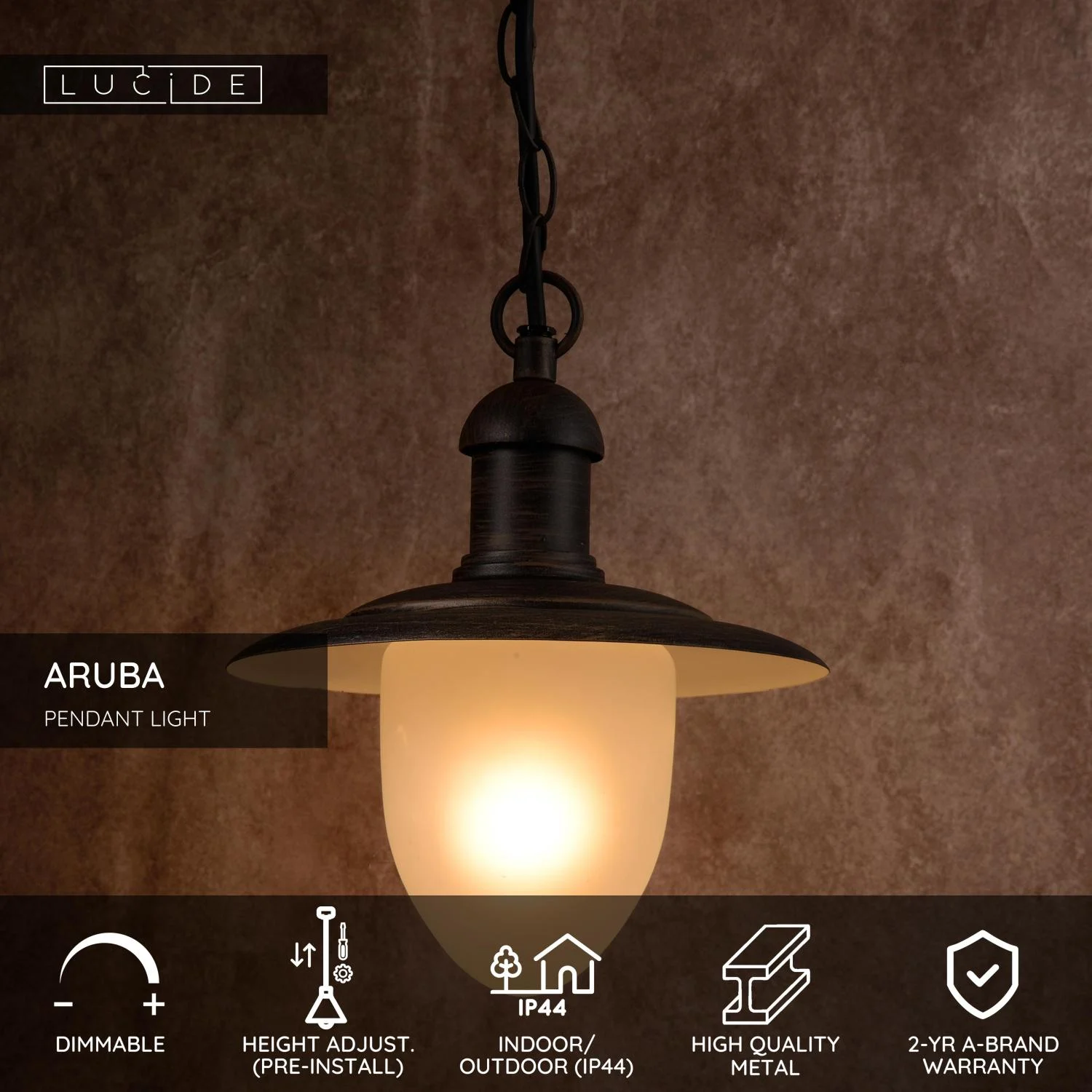 Lucide ARUBA - Zu00e1vesnu00e9 svetlo vnu00fatornu00e9/vonkaju0161ie - u00d8 25 cm - 1xE27 - IP44 - Hrdzavu00e1 hnedu00e1