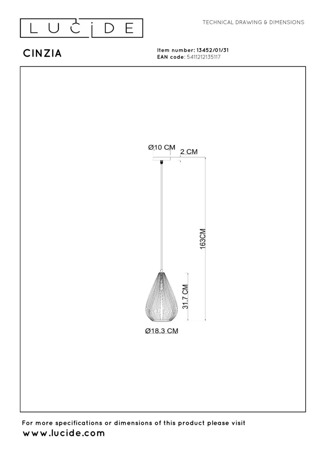 Lucide CINZIA - Zu00e1vesnu00e9 svetlo - u00d8 18,3 cm - 1xE27 - biela