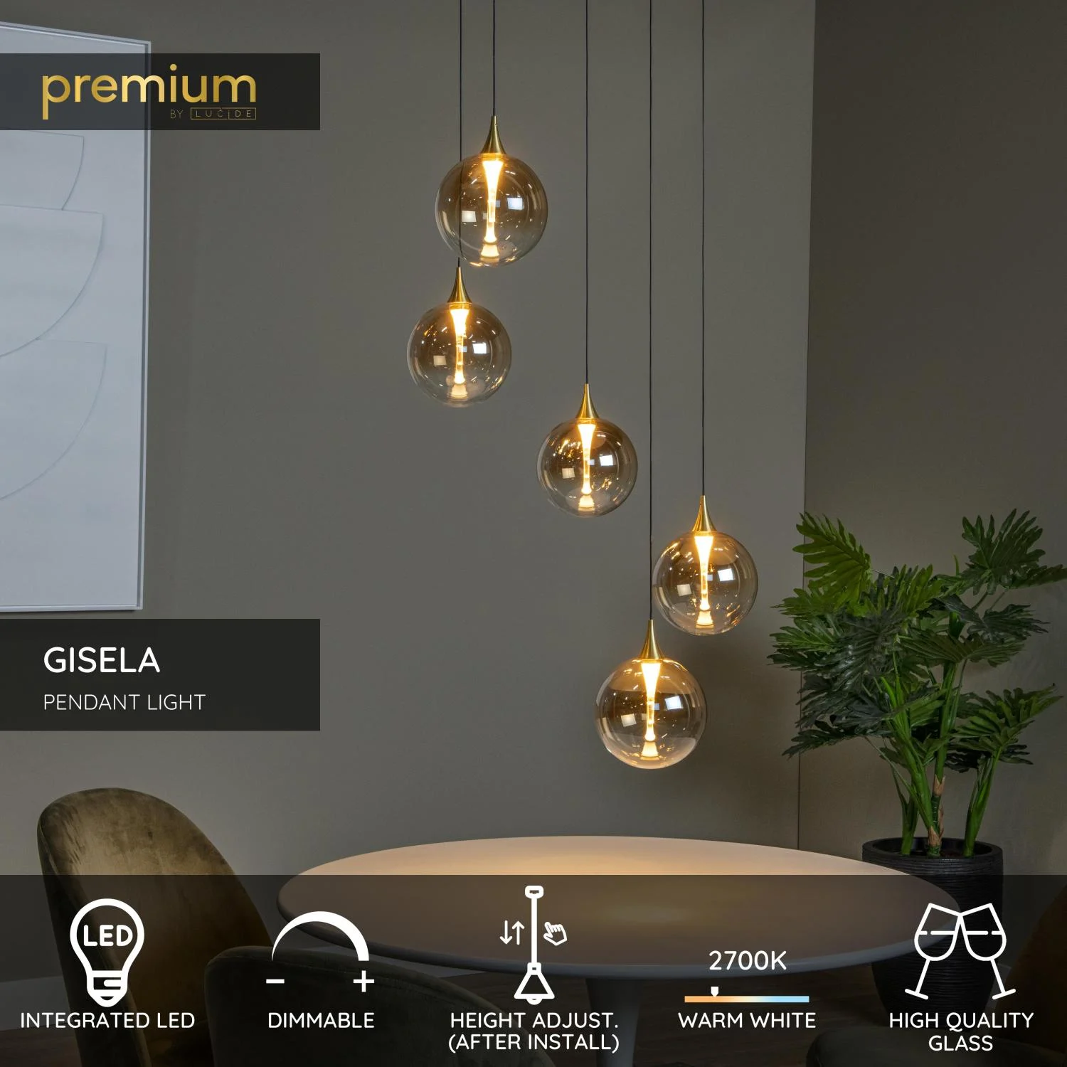 Lucide GISELA - zu00e1vesnu00e9 svetlo - u00d8 48 cm - LED tlmenu00e9 - 5x3,8W 2700K - jantu00e1rovu00e9 | Pru00e9miovu00e9