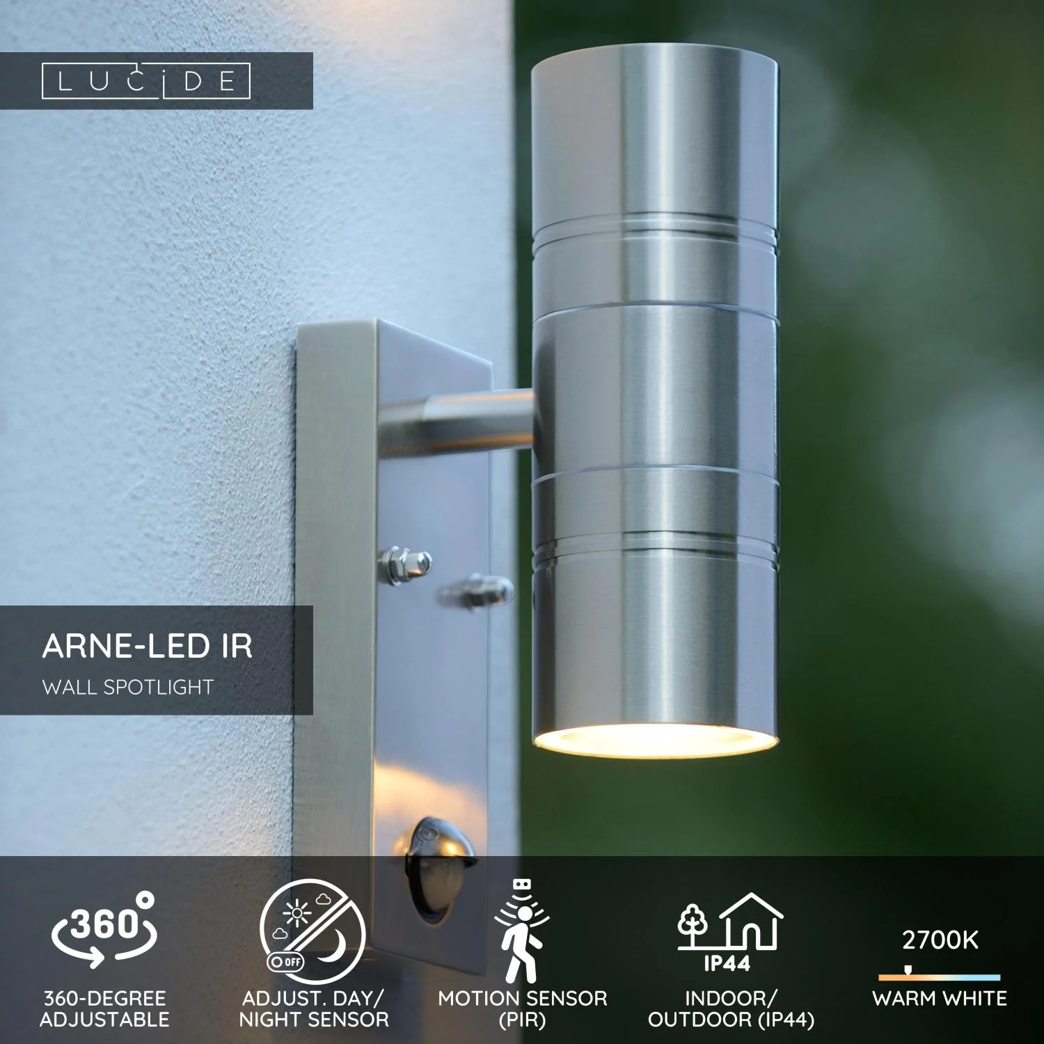 Lucide ARNE-LED IR - Nu00e1stennu00e9 reflektor / nu00e1stennu00e9 svetlo vnu00fatornu00e9/vonkaju0161ie - u00d8 6,3 cm - LED - GU10 - 2x5W 2700K - IP44 - senzor pohybu a du0148a/noci - satu00e9novu00fd chru00f3m