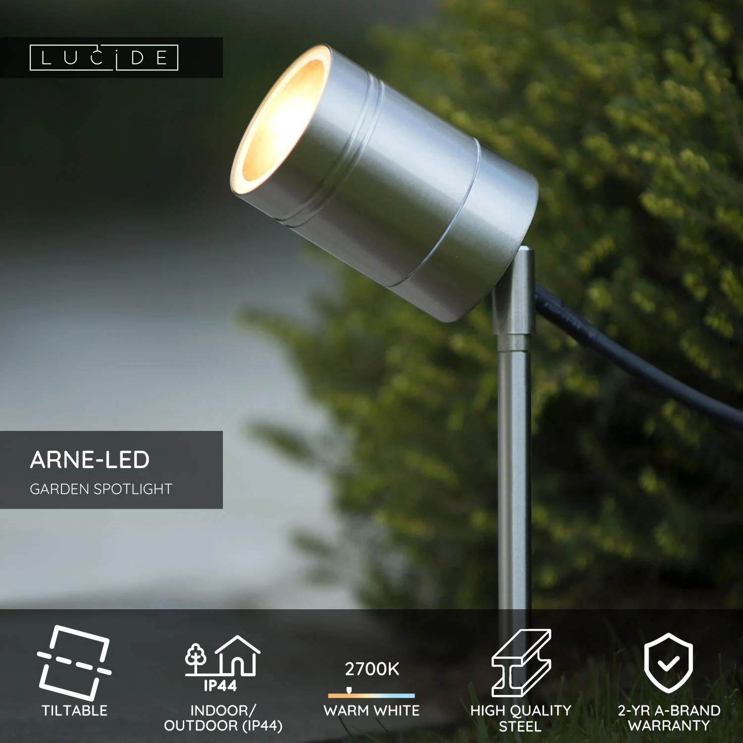 Lucide ARNE-LED - Zu00e1hradnu00fd reflektor - u00d8 6,3 cm - LED - GU10 - 1x5W 2700K - IP44 - Satin Chrome