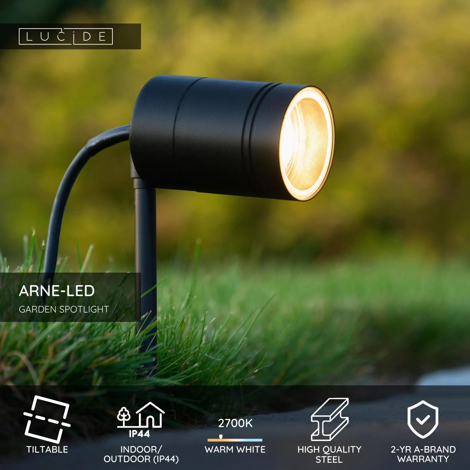 Lucide ARNE-LED - Zu00e1hradnu00fd reflektor - u00d8 6,3 cm - LED - GU10 - 1x5W 2700K - IP44 - u010dierna