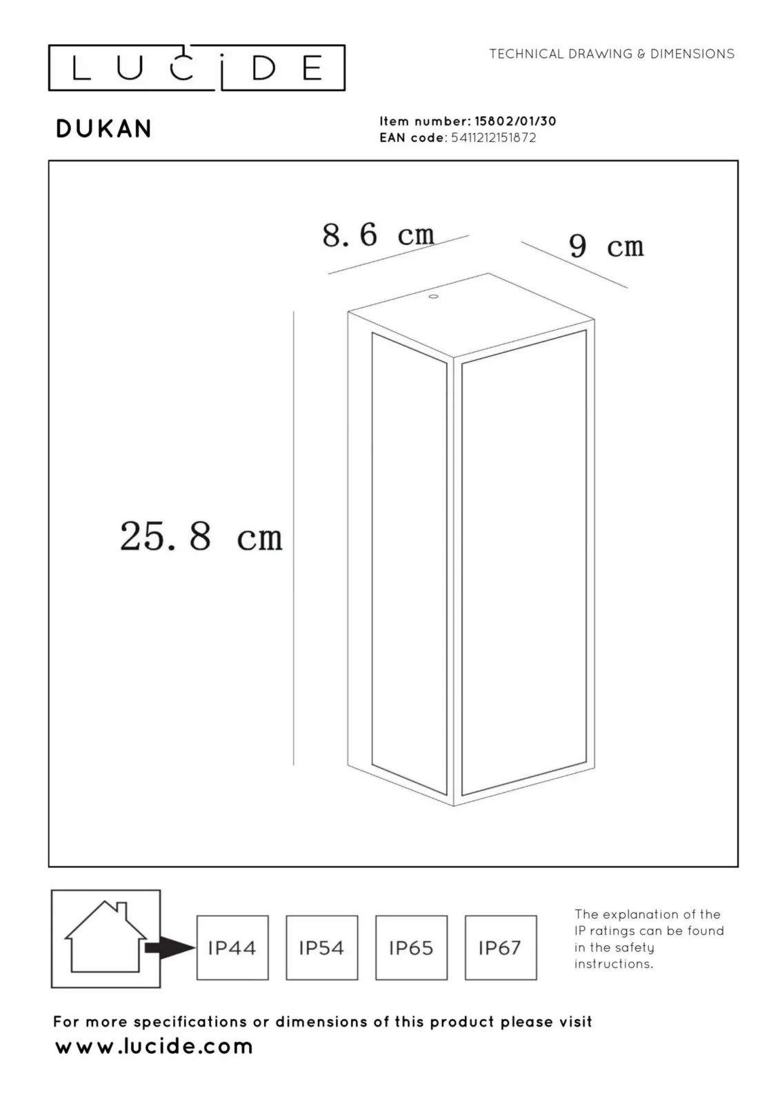 Lucide DUKAN - Nu00e1stennu00e9 svetlo vnu00fatornu00e9/vonkaju0161ie - 1xE27 - IP65 - u010dierne