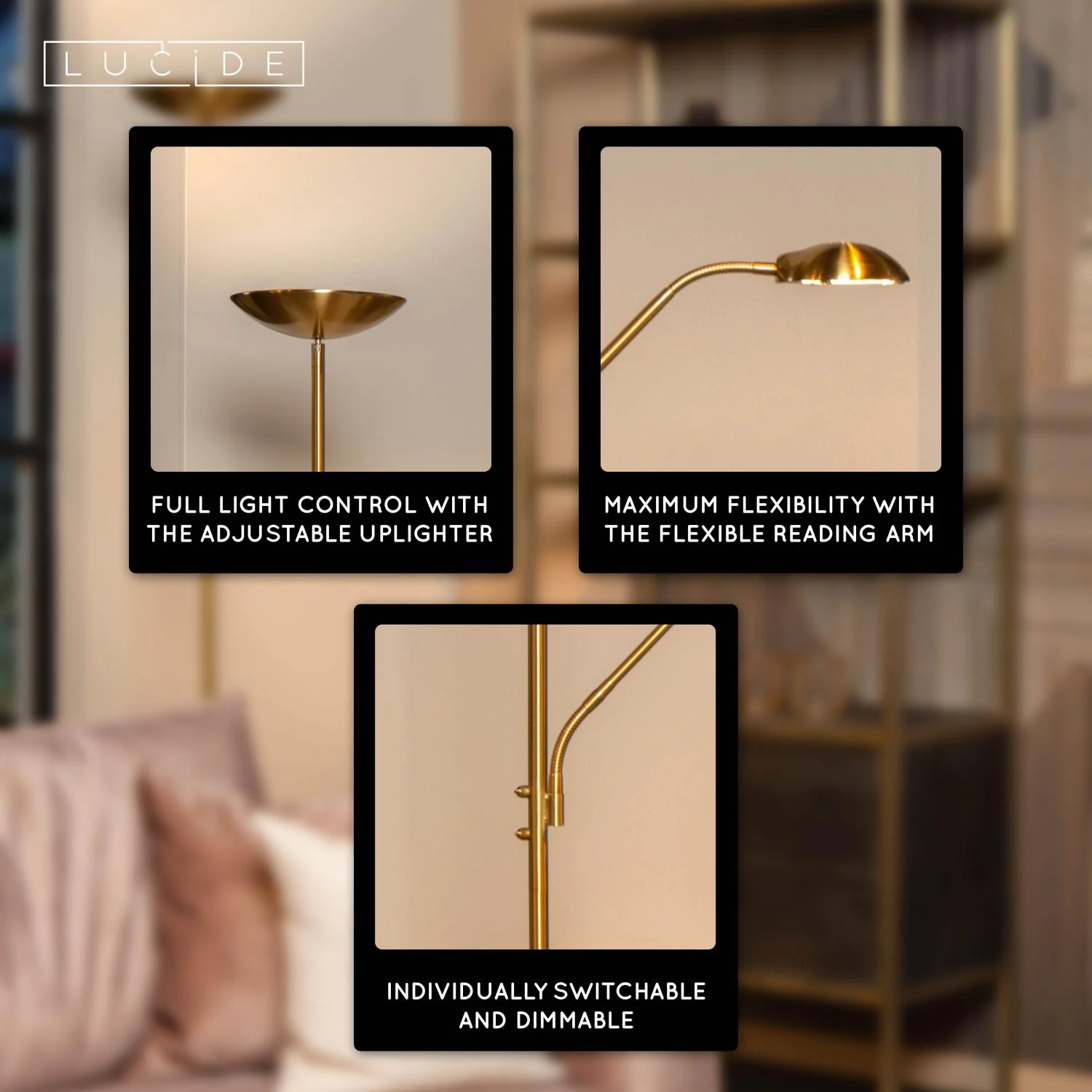 Lucide ZENITH - Podlahovu00e1 u010du00edtacia lampa - LED tlmenu00e1 - 3000K - Matt Gold / Mosadz