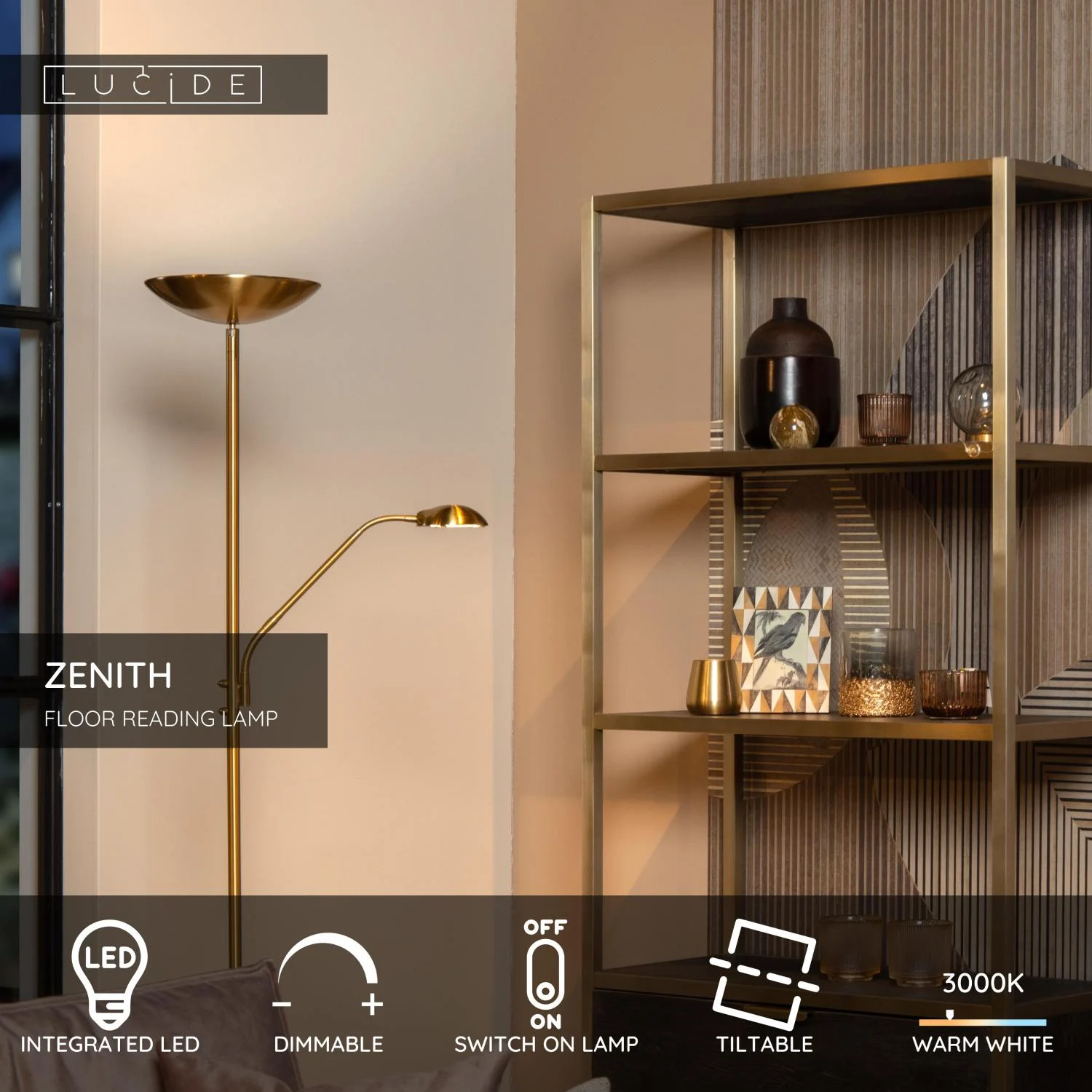 Lucide ZENITH - Podlahovu00e1 u010du00edtacia lampa - LED tlmenu00e1 - 3000K - Matt Gold / Mosadz
