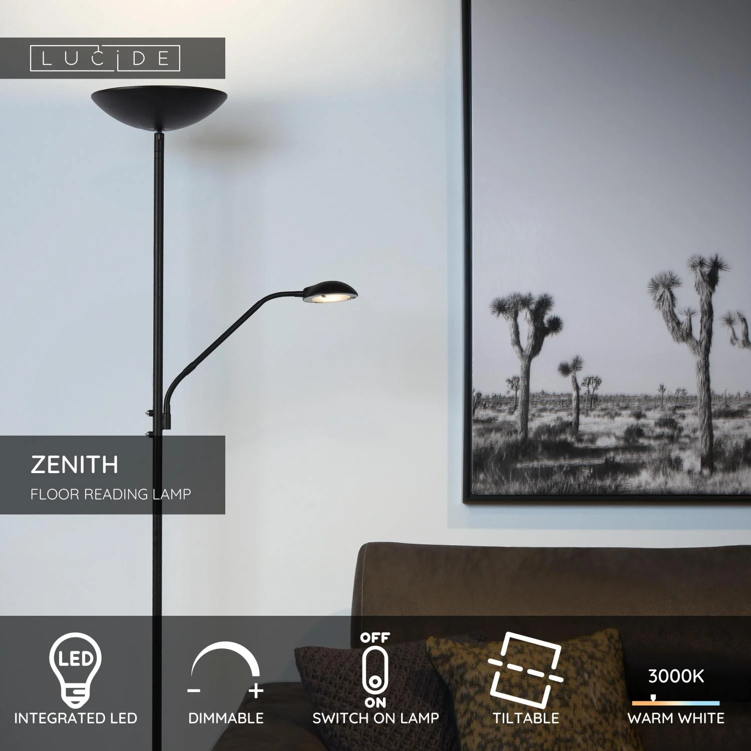 Lucide ZENITH - Podlahovu00e1 u010du00edtacia lampa - LED tlmenu00e1 - 3000K - u010dierna