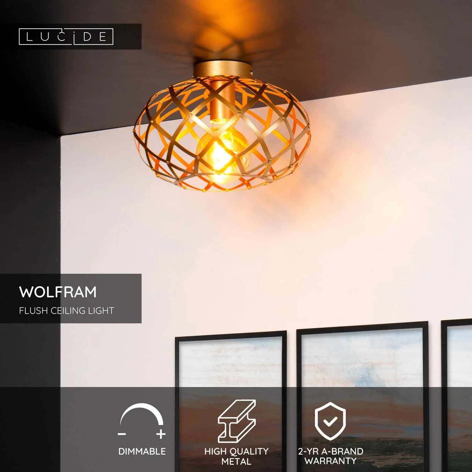 Lucide WOLFRAM - Zapustenu00e9 stropnu00e9 svetlo - u00d8 30 cm - 1xE27 - Matnu00e9 zlato / mosadz