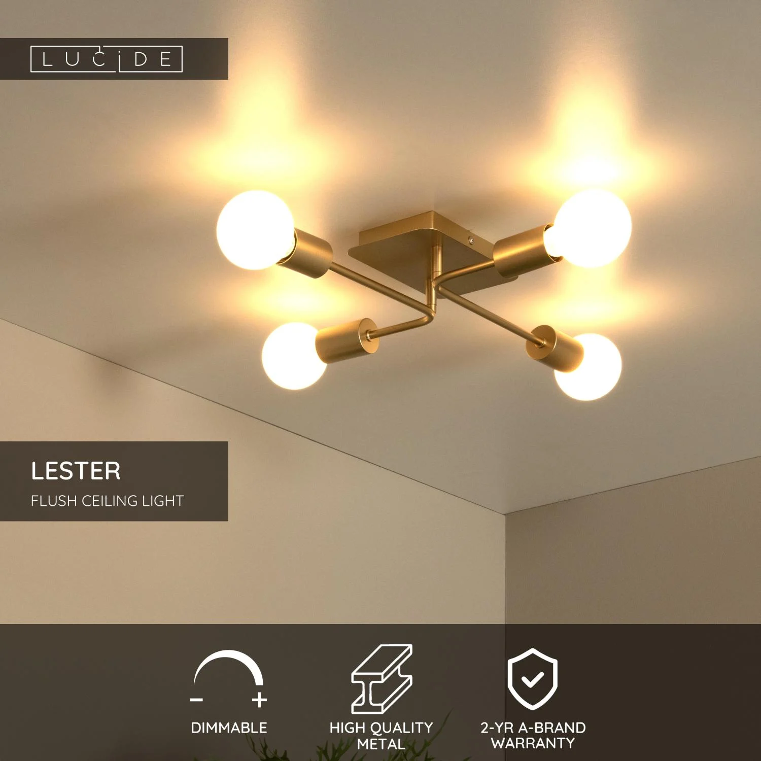 Lucide LESTER - Zapustenu00e9 stropnu00e9 svetlo - 4xE27 - Matt Gold / Mosadz