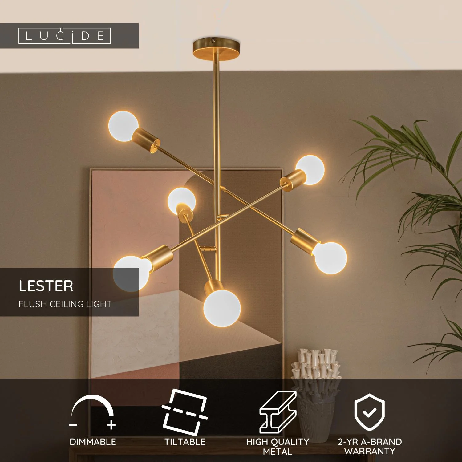 Lucide LESTER - Zapustenu00e9 stropnu00e9 svetlo - 6xE27 - Matt Gold / Brass