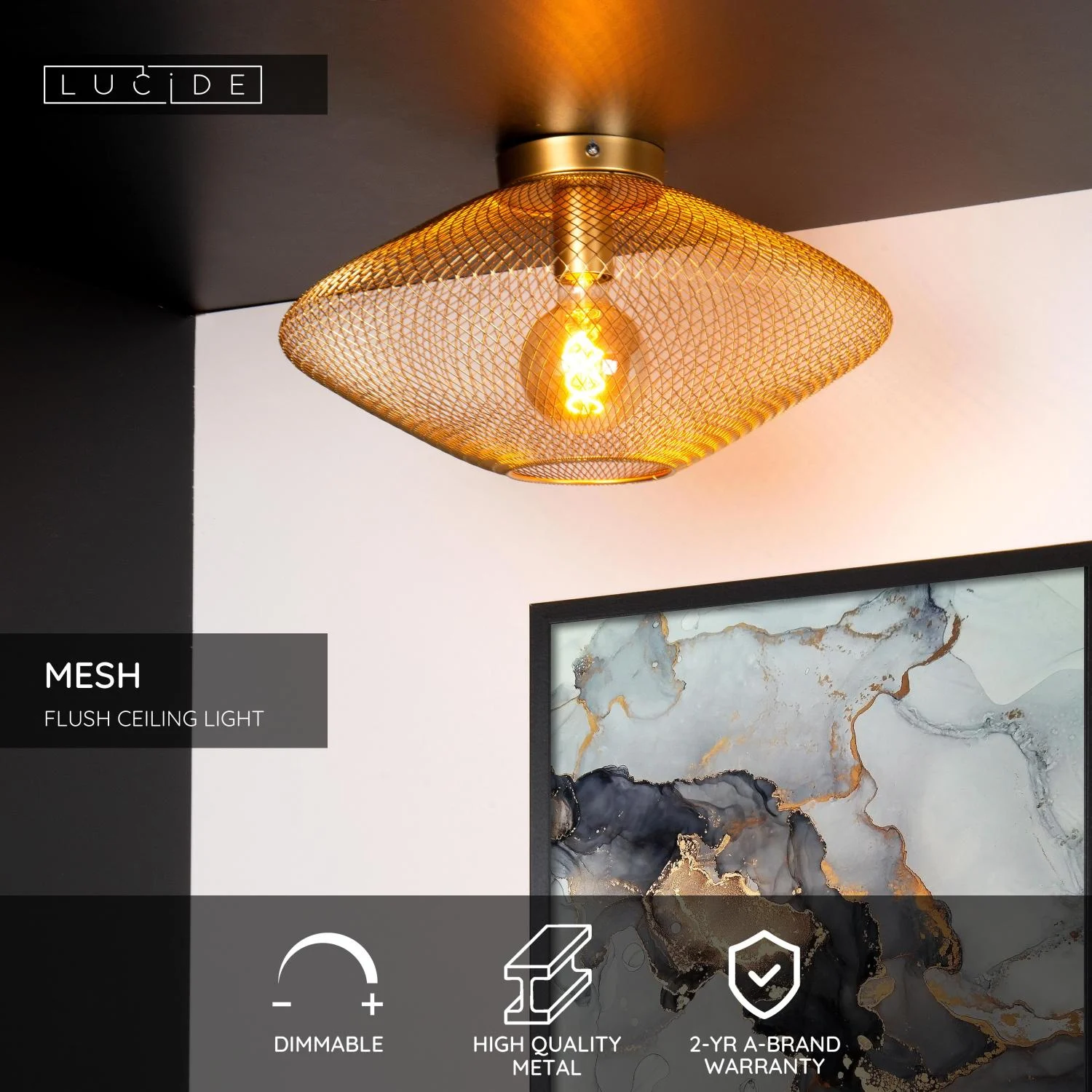 Lucide MESH - Zapustenu00e9 stropnu00e9 svetlo - u00d8 45 cm - 1xE27 - Matt Gold / Brass