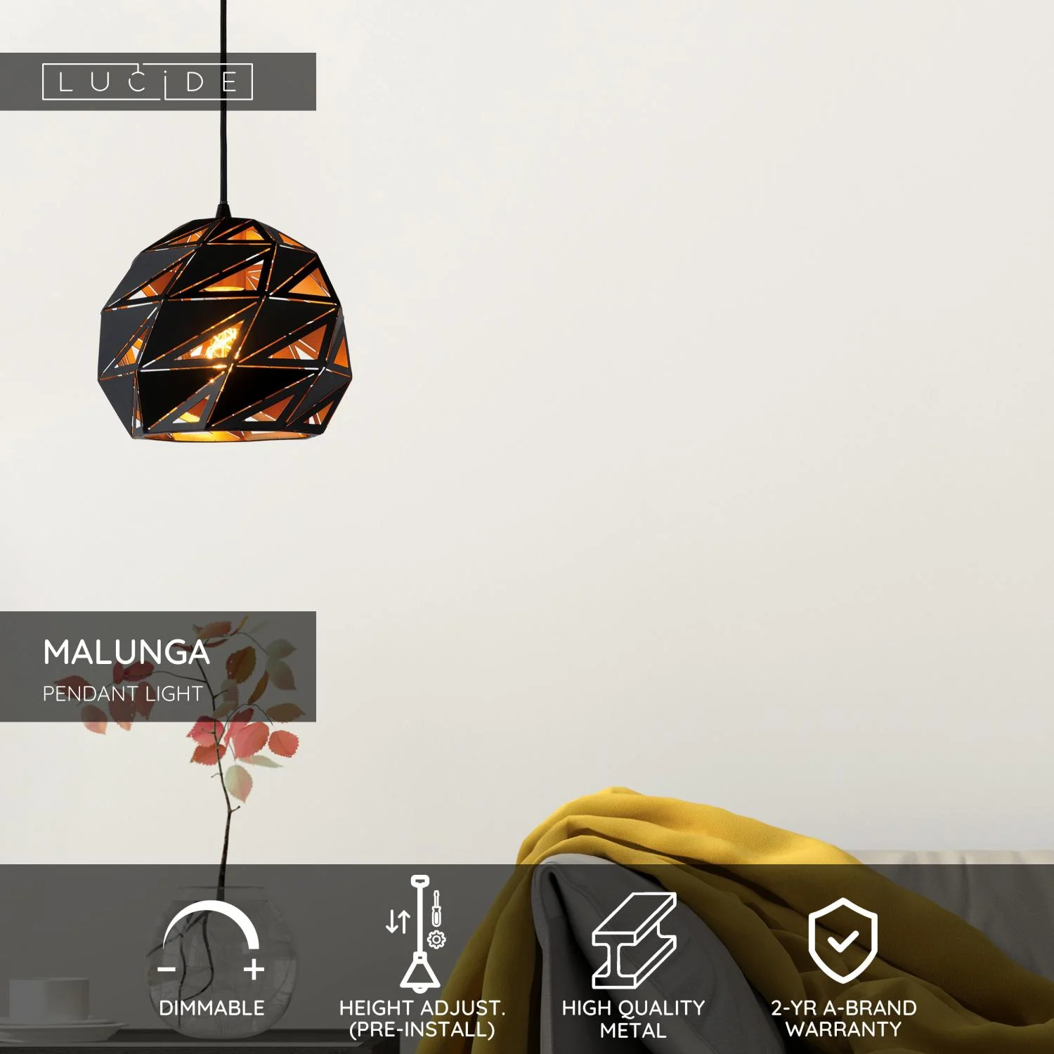 Lucide MALUNGA - Zu00e1vesnu00e9 svetlo - u00d8 25 cm - 1xE27 - u010dierne