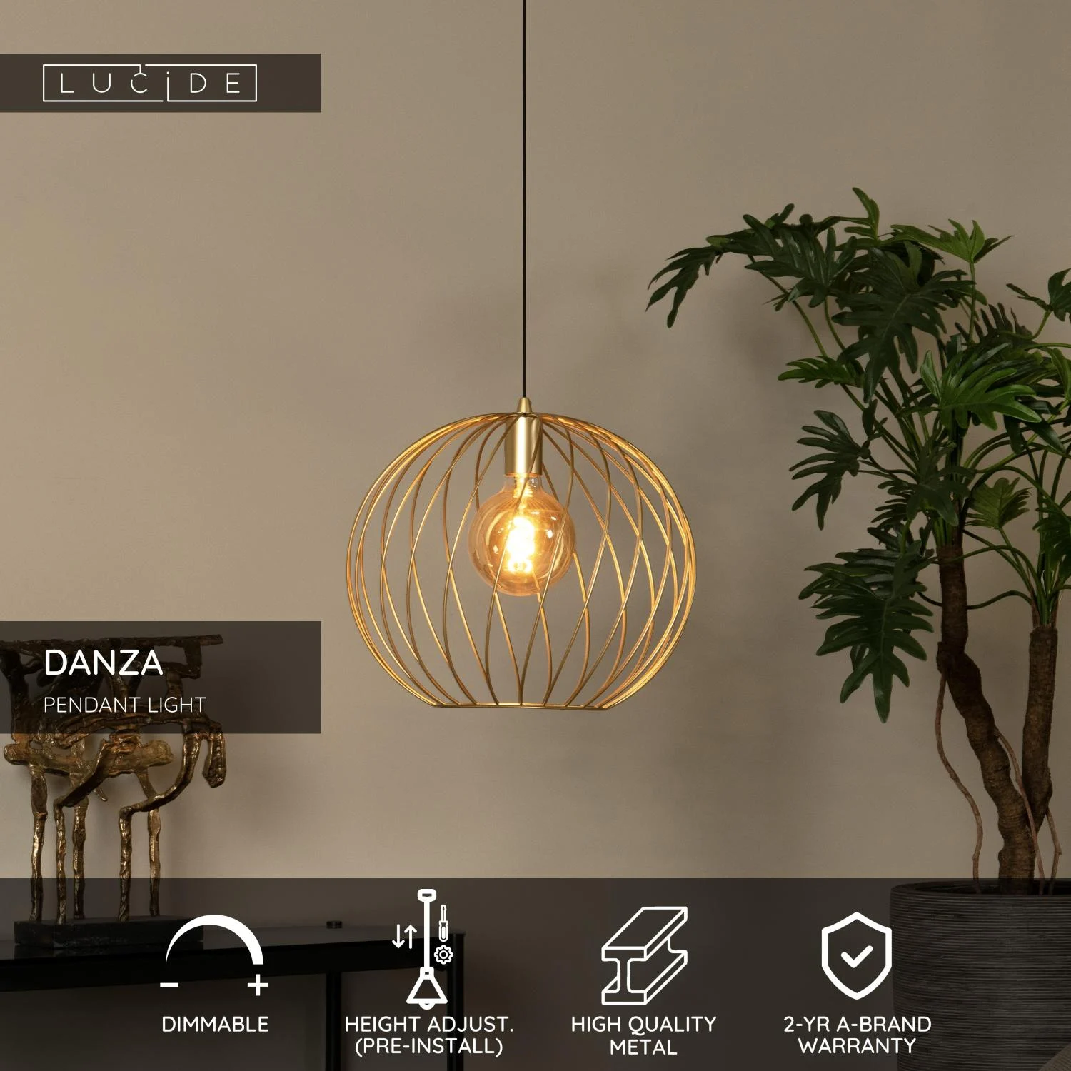 Lucide DANZA - Zu00e1vesnu00e9 svetlo - u00d8 40 cm - 1xE27 - Matt Gold / Brass