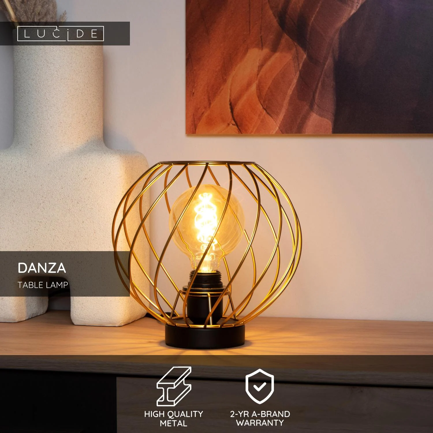 Lucide DANZA - Stolnu00e1 lampa - u00d8 25 cm - 1xE27 - Matnu00fd zlato / mosadz