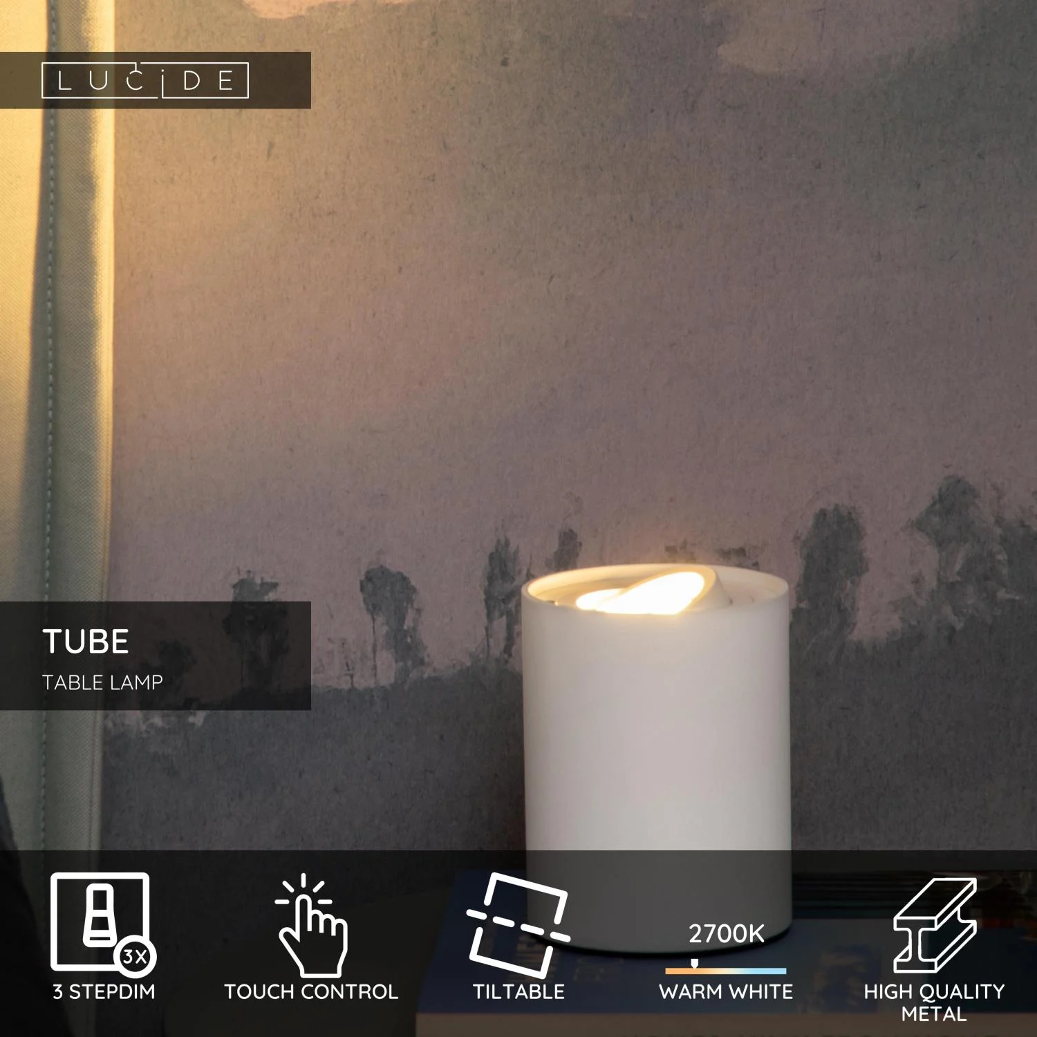 Lucide TUBE - Stolnu00e1 lampa - u00d8 9,6 cm - LED 3StepDim - GU10 - 1x5W 2700K - biela