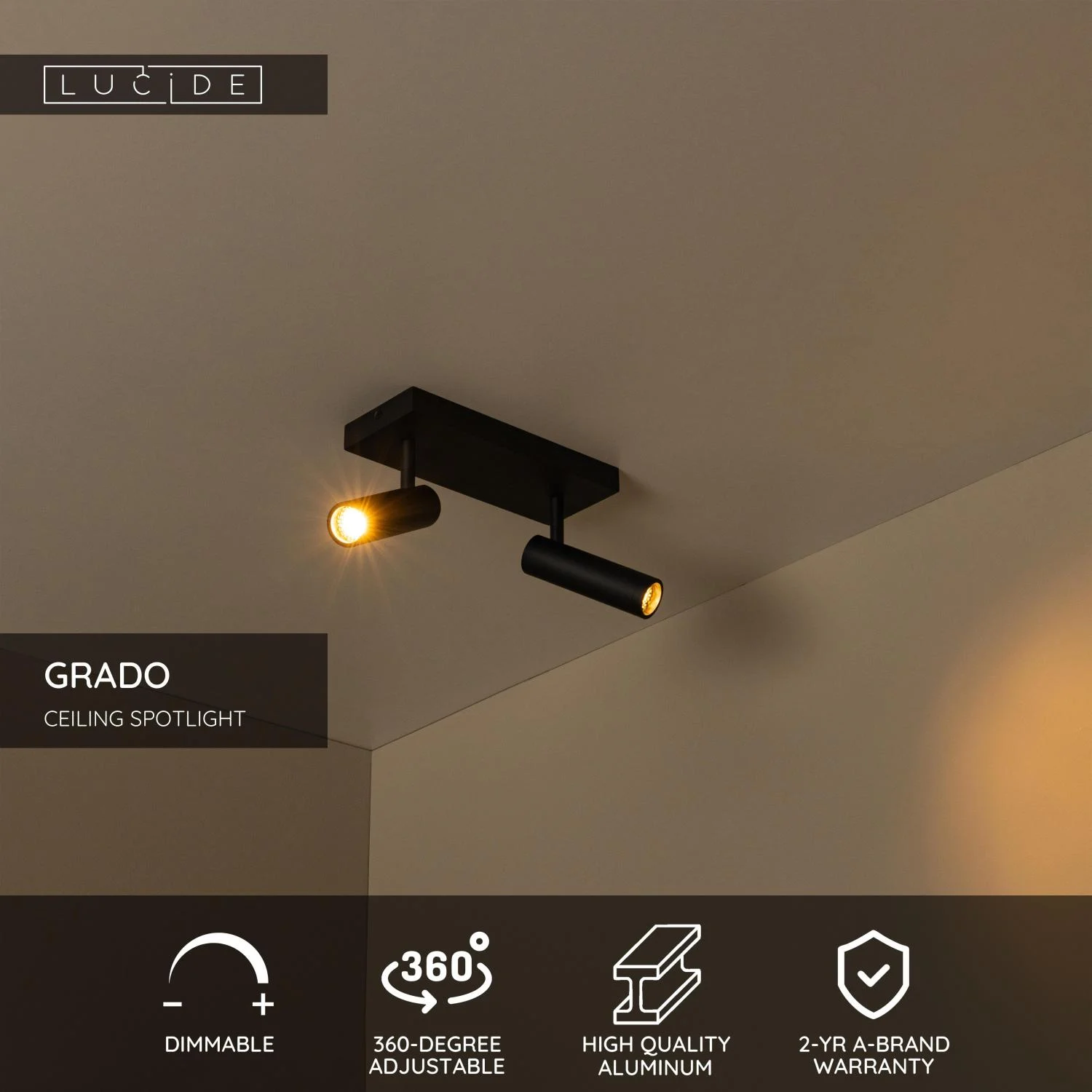 Lucide GRADO - Stropnu00e9 reflektory - 2xGU10 (MR11) - u010dierne