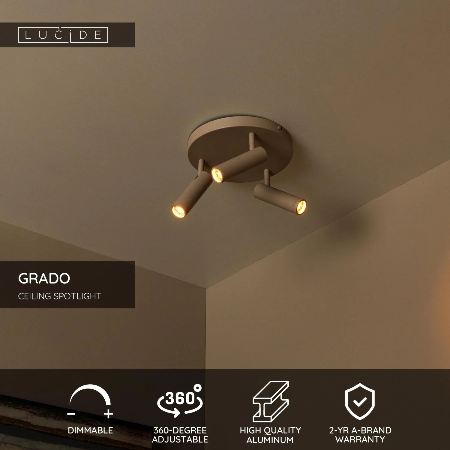 Lucide GRADO - Stropnu00e9 reflektory - u00d8 25 cm - 3xGU10 (MR11) - Taupe