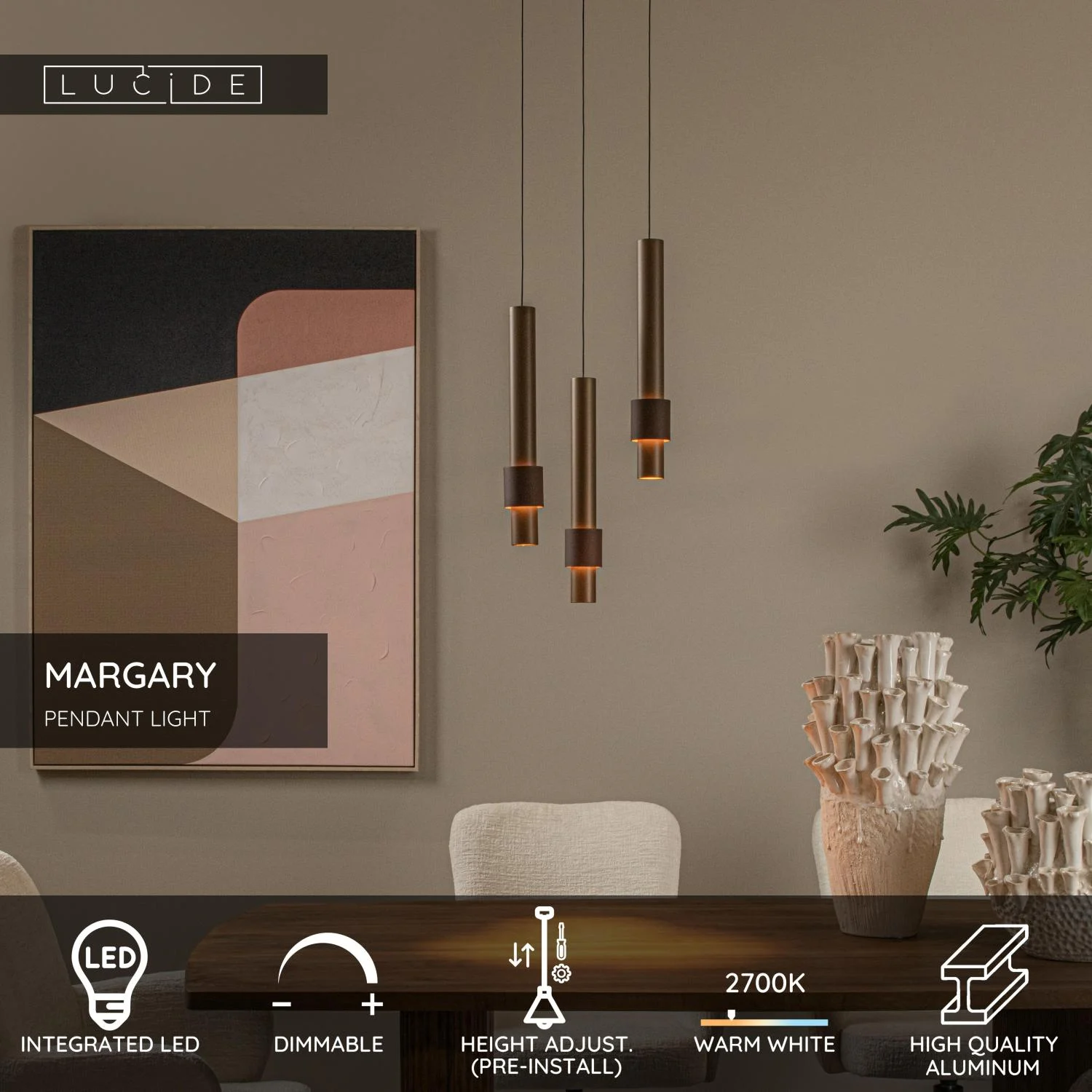 Lucide MARGARY - Zu00e1vesnu00e9 svetlo - u00d8 28 cm - LED tlmenu00e9. - 3x4W 2700K - ku00e1va
