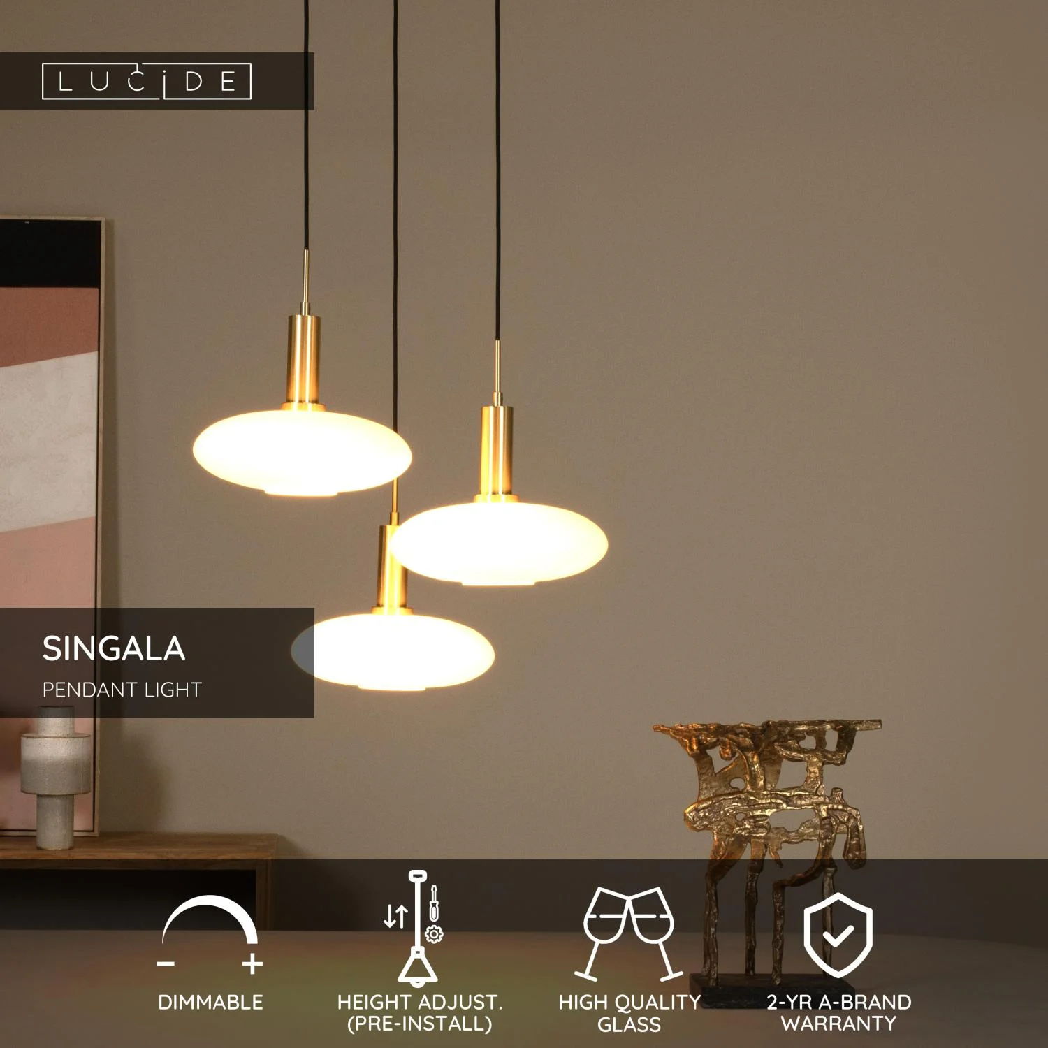 Lucide SINGALA - zu00e1vesnu00e9 svetlo - u00d8 55 cm - 3xE27 - Matt Gold / Brass