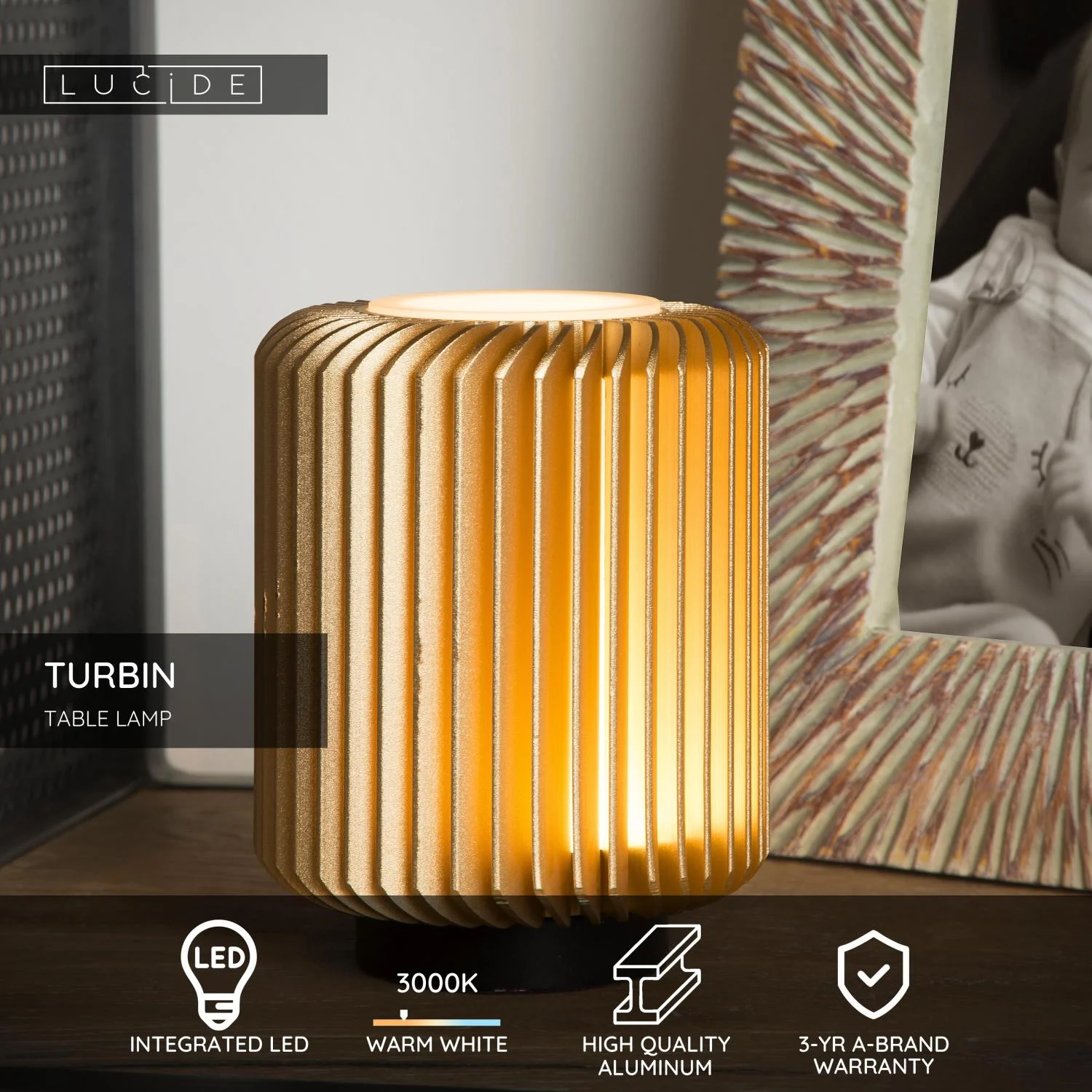 Lucide TURBIN - Stolnu00e1 lampa - u00d8 10,6 cm - LED - 1x5W 3000K - Matt Gold / Brass