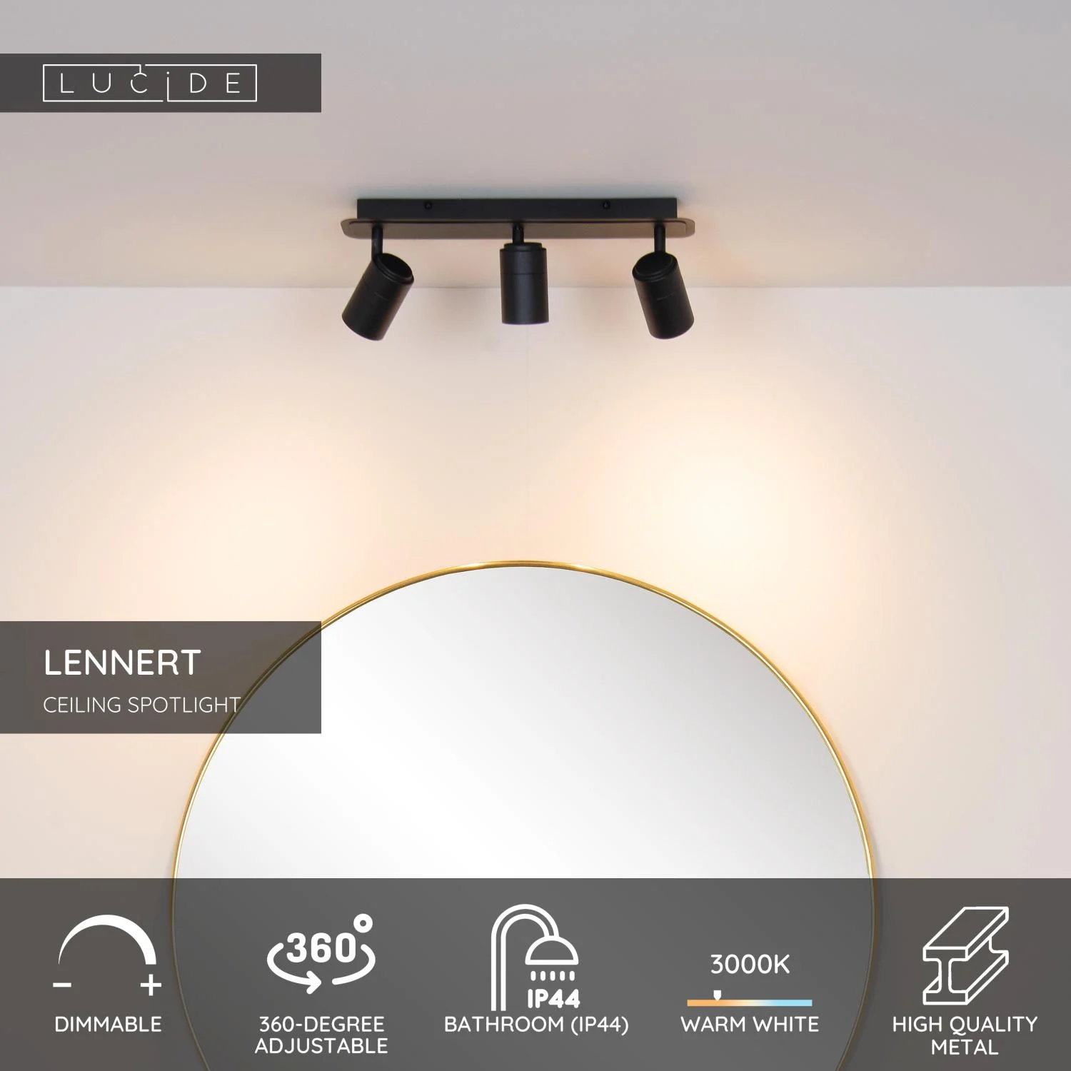 Lucide LENNERT - Stropnu00e9 reflektory Ku00fapeu013eu0148a - LED tlmenu00e9. - GU10 - 3x5W 3000K - IP44 - u010dierna