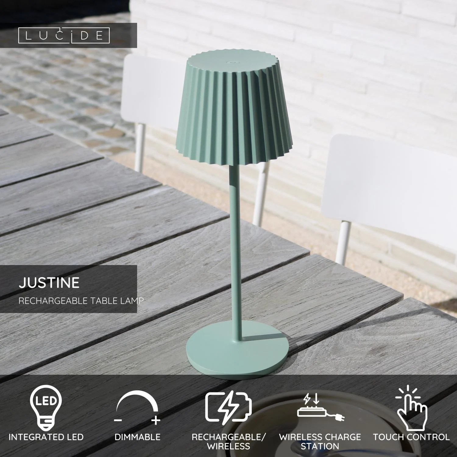 Lucide JUSTINE - Nabu00edjateu013enu00e1 stolnu00e1 lampa do interiu00e9ru/exteriu00e9ru - Batu00e9riovu00fd balu00edk - LED tlmenu00fd. - 1x2W 2700K - IP54 - S bezdru00f4tovou nabu00edjacou podlou017ekou - Zelenu00e1