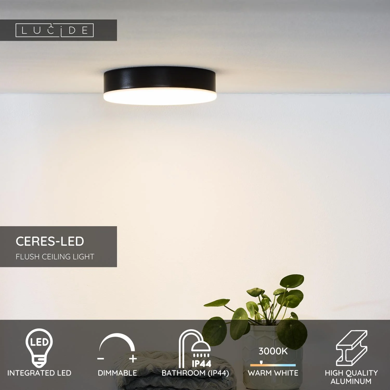 Lucide CERES-LED - zapu00fau0161u0165acie stropnu00e9 svetlo Ku00fapeu013eu0148a - u00d8 21,5 cm - LED stmievanu00e1. - 1x30W 3000K - IP44 - u010dierna