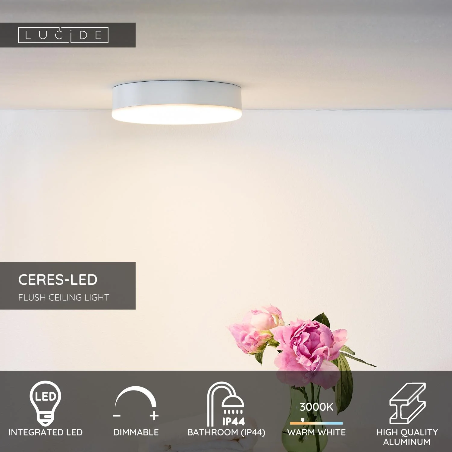 Lucide CERES-LED - Zapustenu00e9 stropnu00e9 svetlo Ku00fapeu013eu0148a - u00d8 21,5 cm - LED stmievanu00e1. - 1x30W 3000K - IP44 - biela
