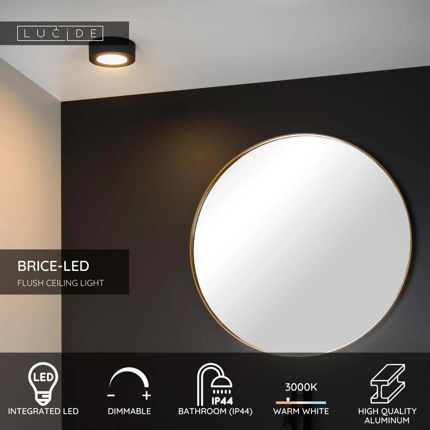 Lucide BRICE-LED - Spu00fau0161u0165acie stropnu00e9 svetlo Ku00fapeu013eu0148a - u00d8 11,7 cm - LED stmievanu00e1. - 1x8W 3000K - IP44 - u010dierna