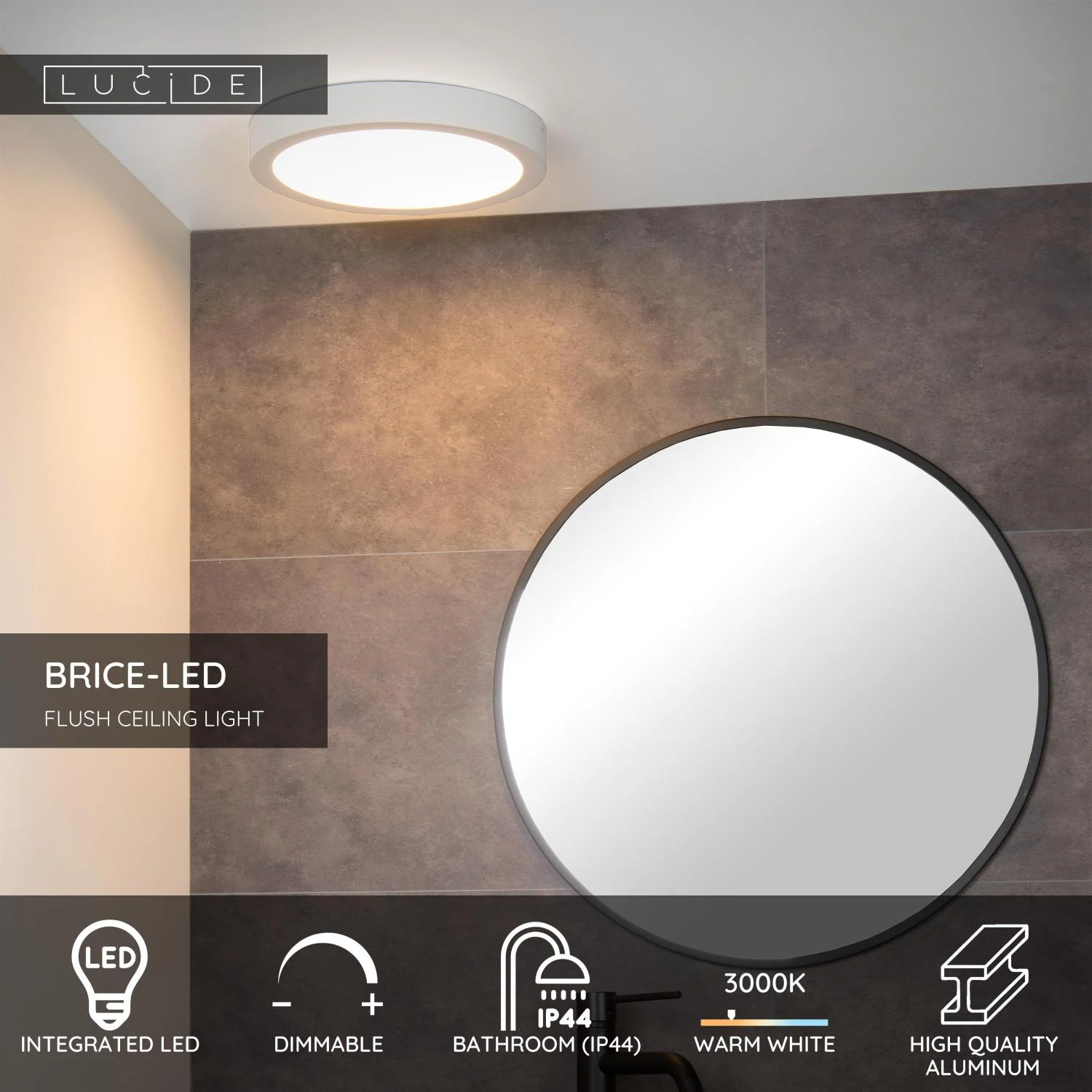 Lucide BRICE-LED - Spu00fau0161u0165acie stropnu00e9 svetlo Ku00fapeu013eu0148a - u00d8 30 cm - LED tlmenu00e9. - 1x30W 3000K - IP44 - biela