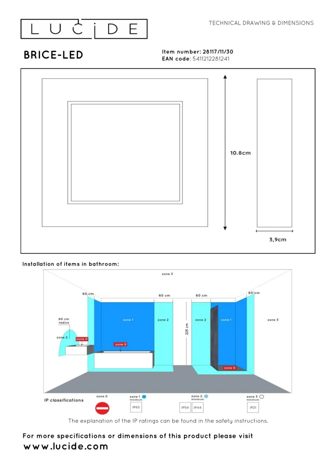 Lucide BRICE-LED - zapu00fau0161u0165acie stropnu00e9 svetlo Ku00fapeu013eu0148a - LED tlmenu00e1 - 1x8W 3000K - IP44 - u010dierna