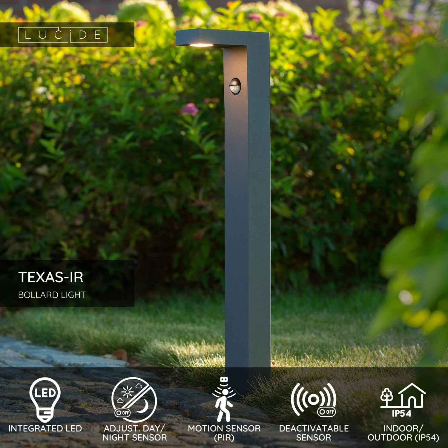 Lucide TEXAS-IR - Stu013apikovu00e9 svetlo - LED - 1x7W, 3000K - IP54 - Senzor pohybu a du0148a/noci (deaktivovateu013enu00fd) - Antracit