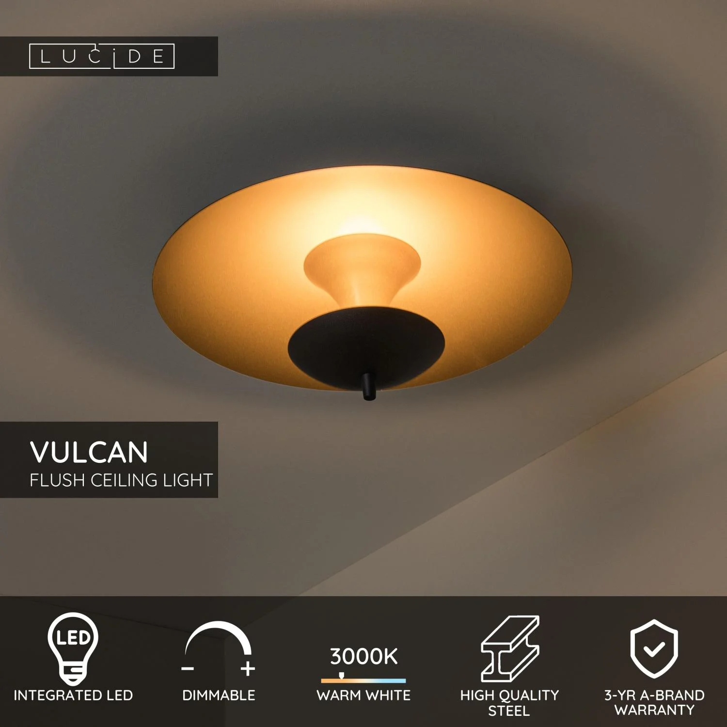 Lucide VULCAN - Zapustenu00e9 stropnu00e9 svetlo - u00d8 35 cm - LED tlmenu00e9 - 1x9W 3000K - u010dierne