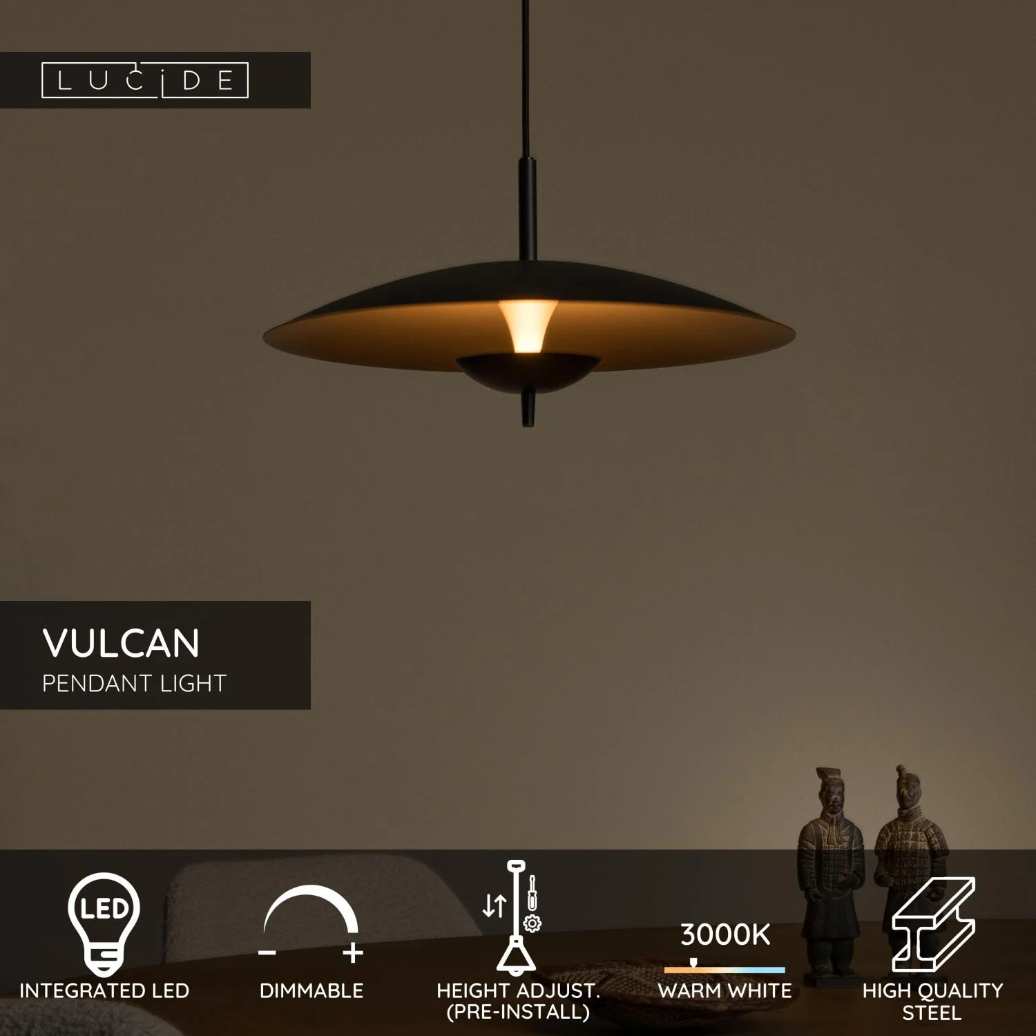 Lucide VULCAN - Zu00e1vesnu00e9 svetlo - u00d8 47 cm - LED tlmenu00e9 - 1x9W 3000K - u010dierne